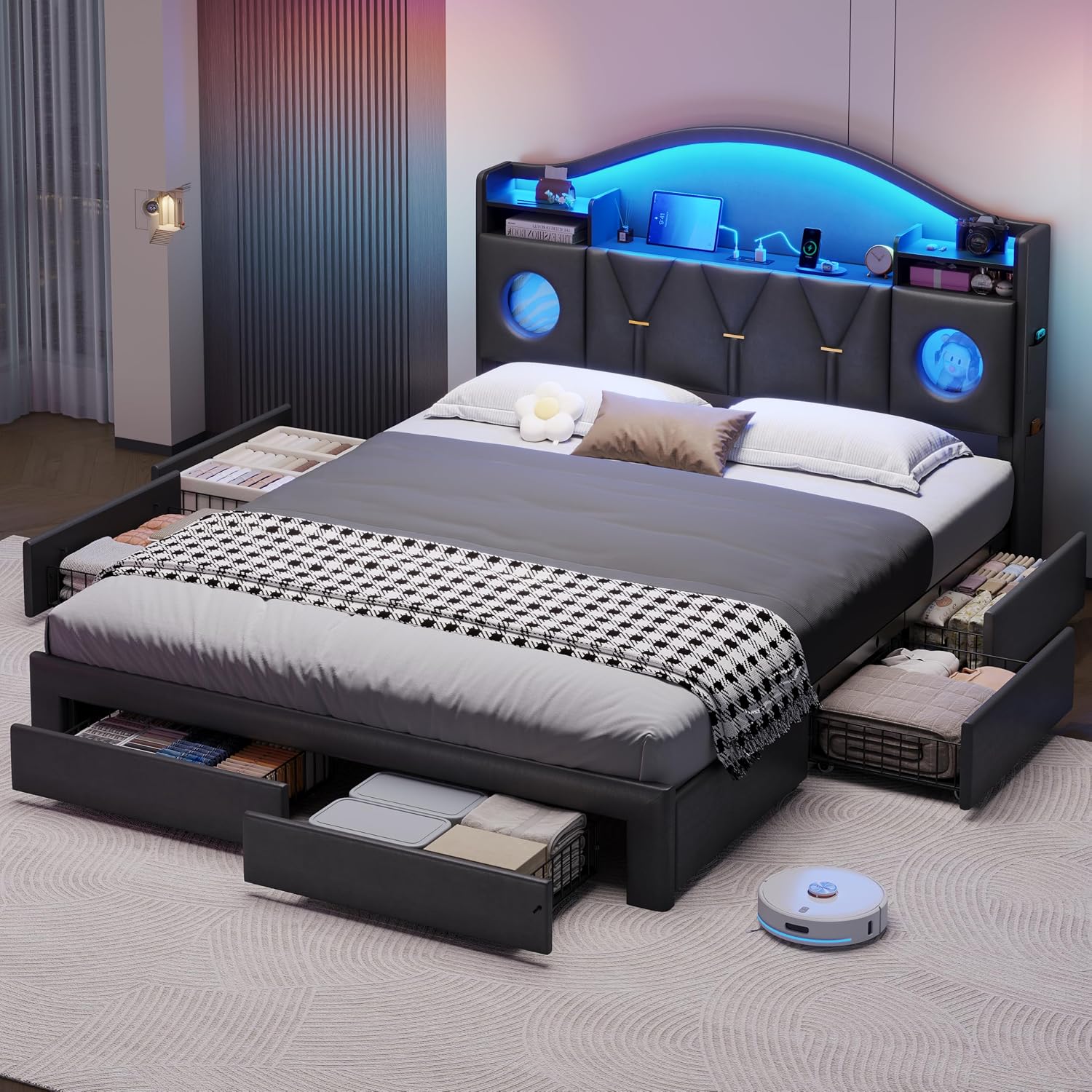 Queen Bed Frame with 6 Storage Drawers and Headboard,Bed Frame Queen Size with Charging Station & LED Light,Platform Metal Bed Frame with Storage,Queen Bed No Box Spring Needed,Easy Assembly,PU Black