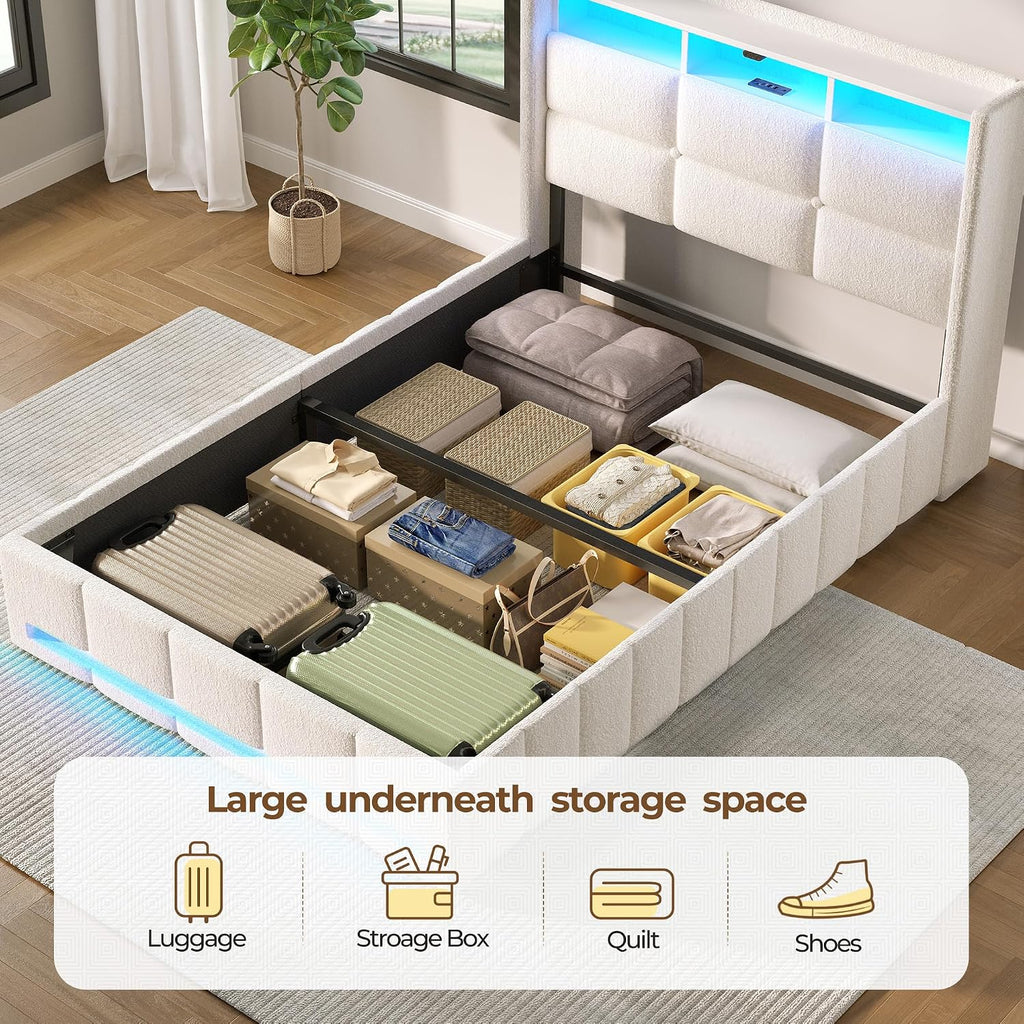 Rolanstar Bed Frame Twin Size with Lift Up Storage, Charging Station & LED Lights, Upholstered Storage Headboard, Heavy Duty Wooden Slats, No Box Spring Needed, Noise Free, Easy Assembly, Beige