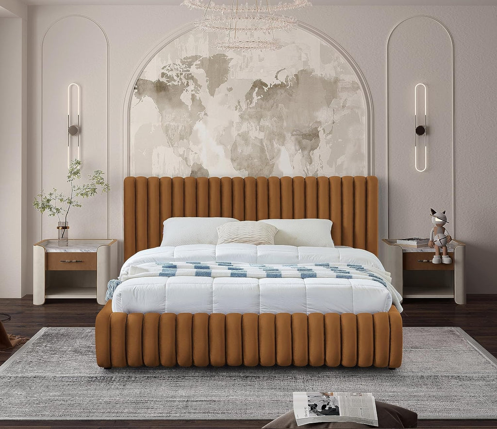 Meridian Furniture NicoSaddle-K Nico Collection Modern | Contemporary Velvet Upholstered King Bed with Rich Saddle Velvet and Deep Channel Tufting, 89' W x 91' D x 38' H, Saddle, King