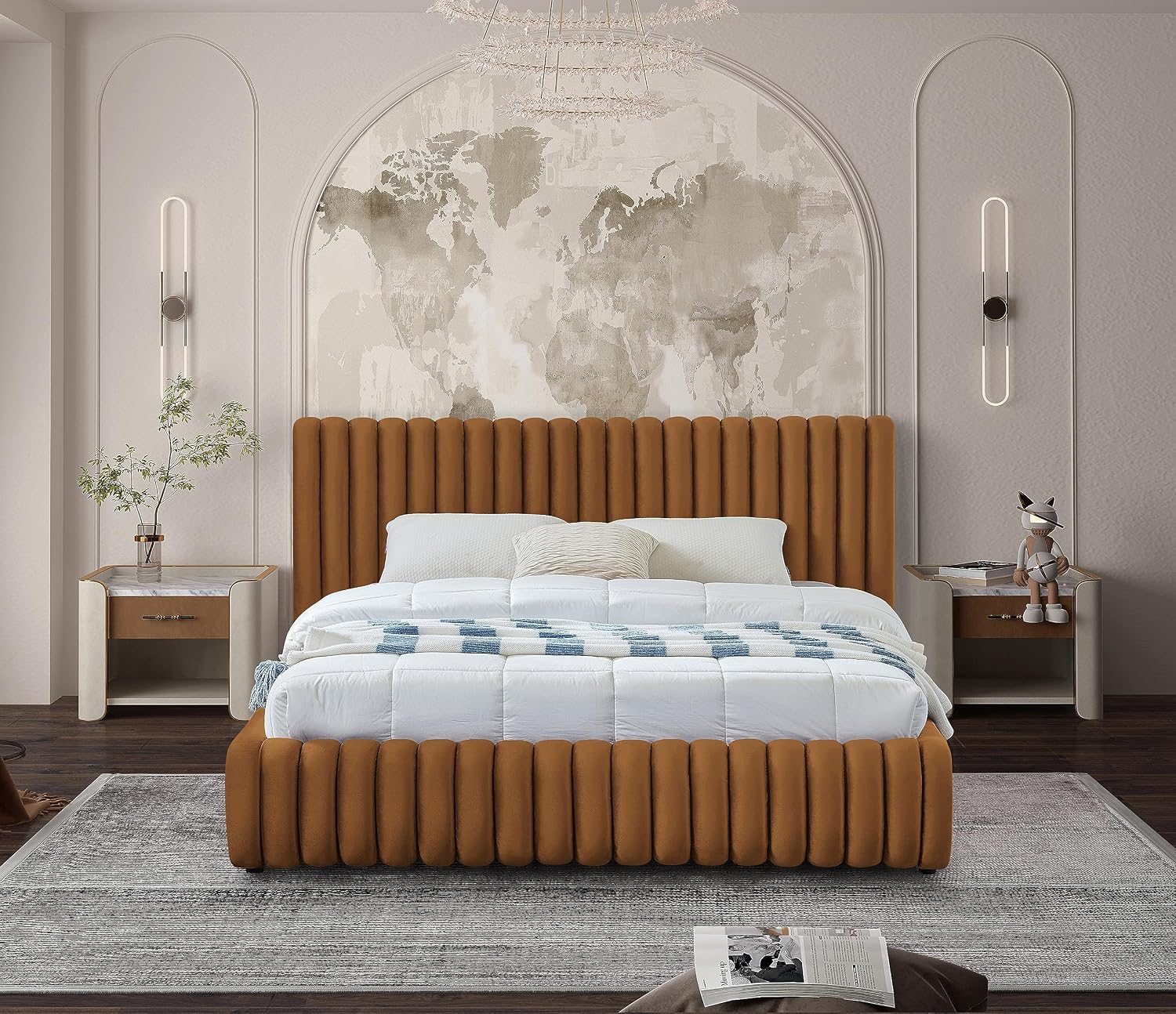 Meridian Furniture NicoSaddle-K Nico Collection Modern | Contemporary Velvet Upholstered King Bed with Rich Saddle Velvet and Deep Channel Tufting, 89' W x 91' D x 38' H, Saddle, King