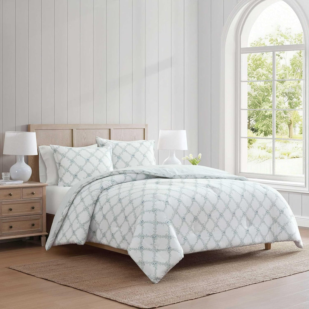 Martha Stewart - Twin/Twin XL Comforter Set, 100% Cotton Bedding with Shams, Soft and Breathable, Lightweight All-Season Comforter, Reversible Design, Romantic Trellis Blue