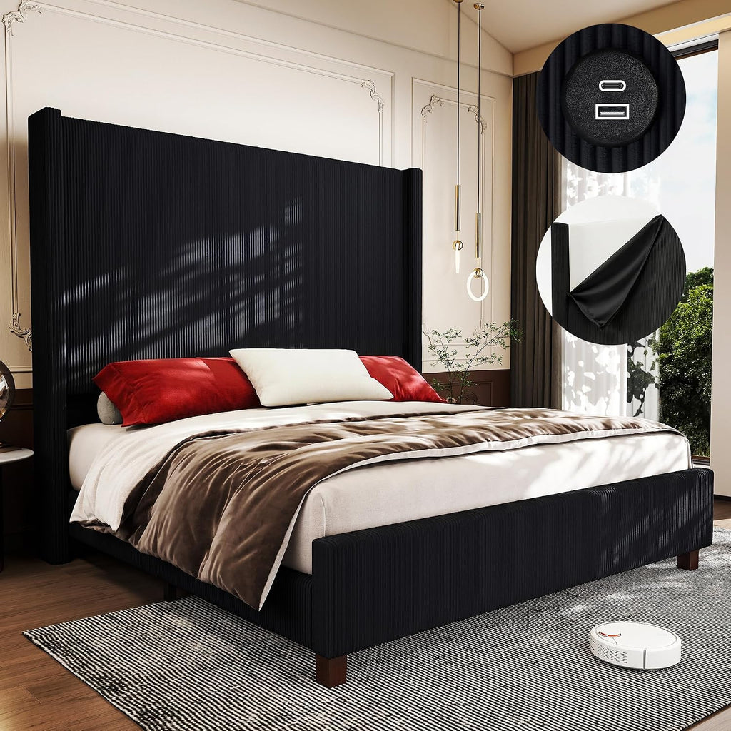 King Size Corduroy Upholstered Bed Frame with 65.2' Tall Headboard,USB Charging Station,Soft Washable Corduroy Cover with Wingback Headboard, Solid Wood Legs/Noise-Free/No Box Spring Needed/Black