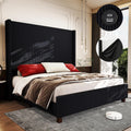 King Size Corduroy Upholstered Bed Frame with 65.2' Tall Headboard,USB Charging Station,Soft Washable Corduroy Cover with Wingback Headboard, Solid Wood Legs/Noise-Free/No Box Spring Needed/Black