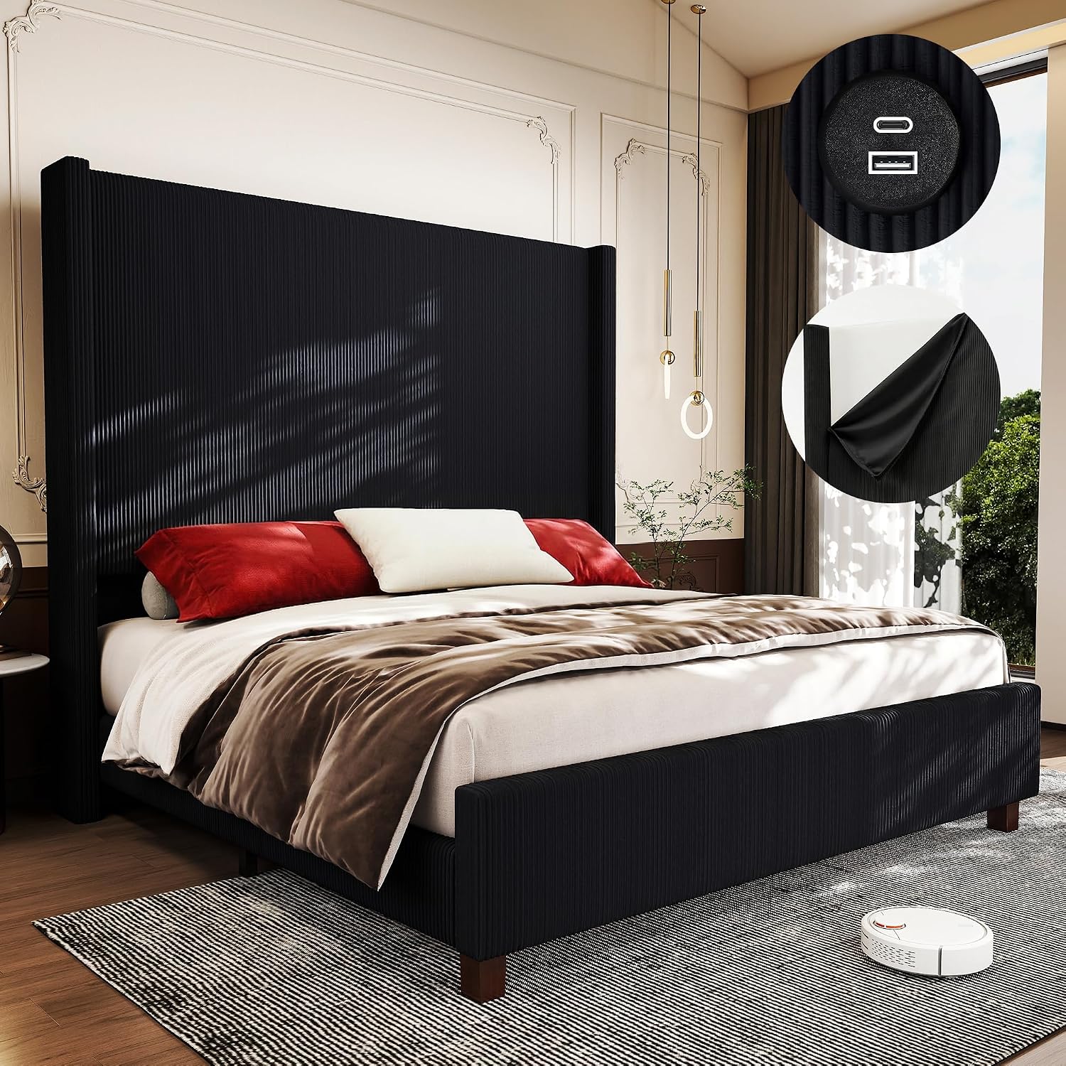 King Size Corduroy Upholstered Bed Frame with 65.2' Tall Headboard,USB Charging Station,Soft Washable Corduroy Cover with Wingback Headboard, Solid Wood Legs/Noise-Free/No Box Spring Needed/Black