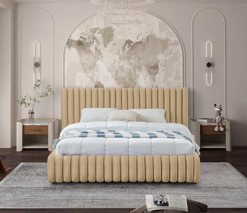 Meridian Furniture NicoCamel-K Nico Collection Modern | Contemporary Velvet Upholstered King Bed with Rich Camel Velvet and Deep Channel Tufting, 89' W x 91' D x 38' H, Camel, King