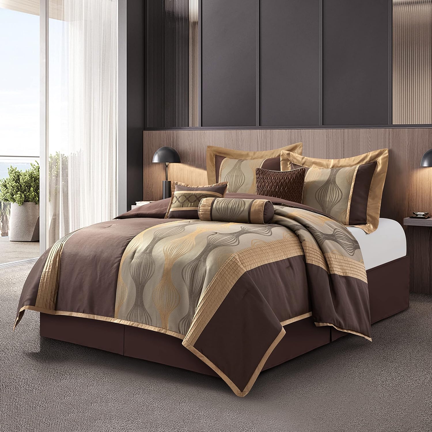 Grand Avenue Elegant Brown Comforter Set King, Striped,7 Piece Bed in a Bag, Jacquard Bedding Set All Season, Matching Decorative Pillows, Pillow Sham