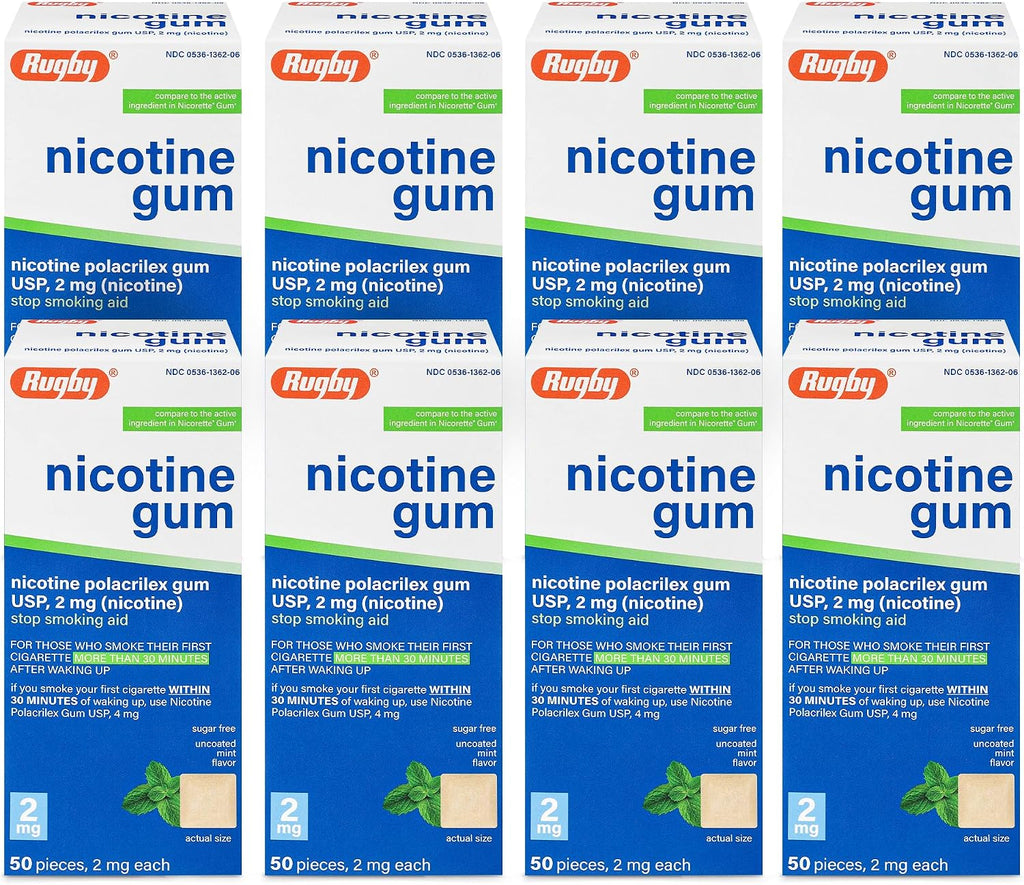 Rugby Polacrilex 2mg Nicotine Gum - USP Uncoated Mint Flavor, Sugar-Free Quit Smoking and Vaping Aid, 50 Count (8-Pack)