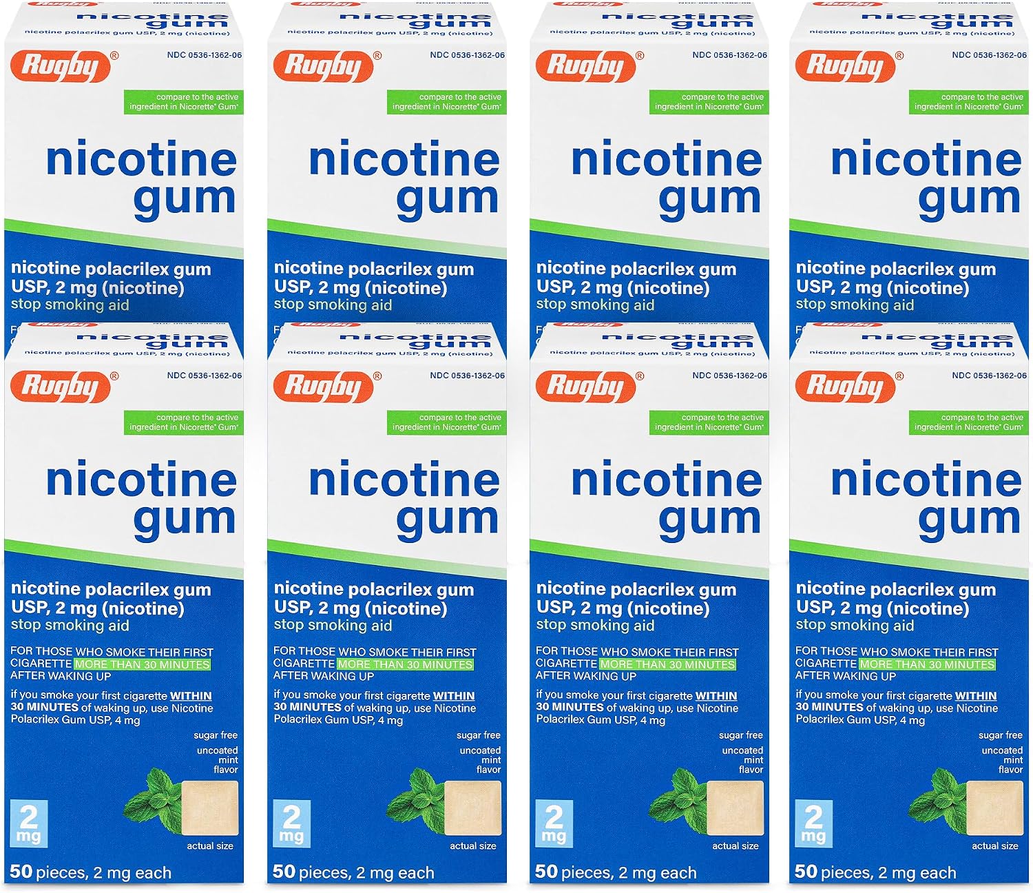 Rugby Polacrilex 2mg Nicotine Gum - USP Uncoated Mint Flavor, Sugar-Free Quit Smoking and Vaping Aid, 50 Count (8-Pack)