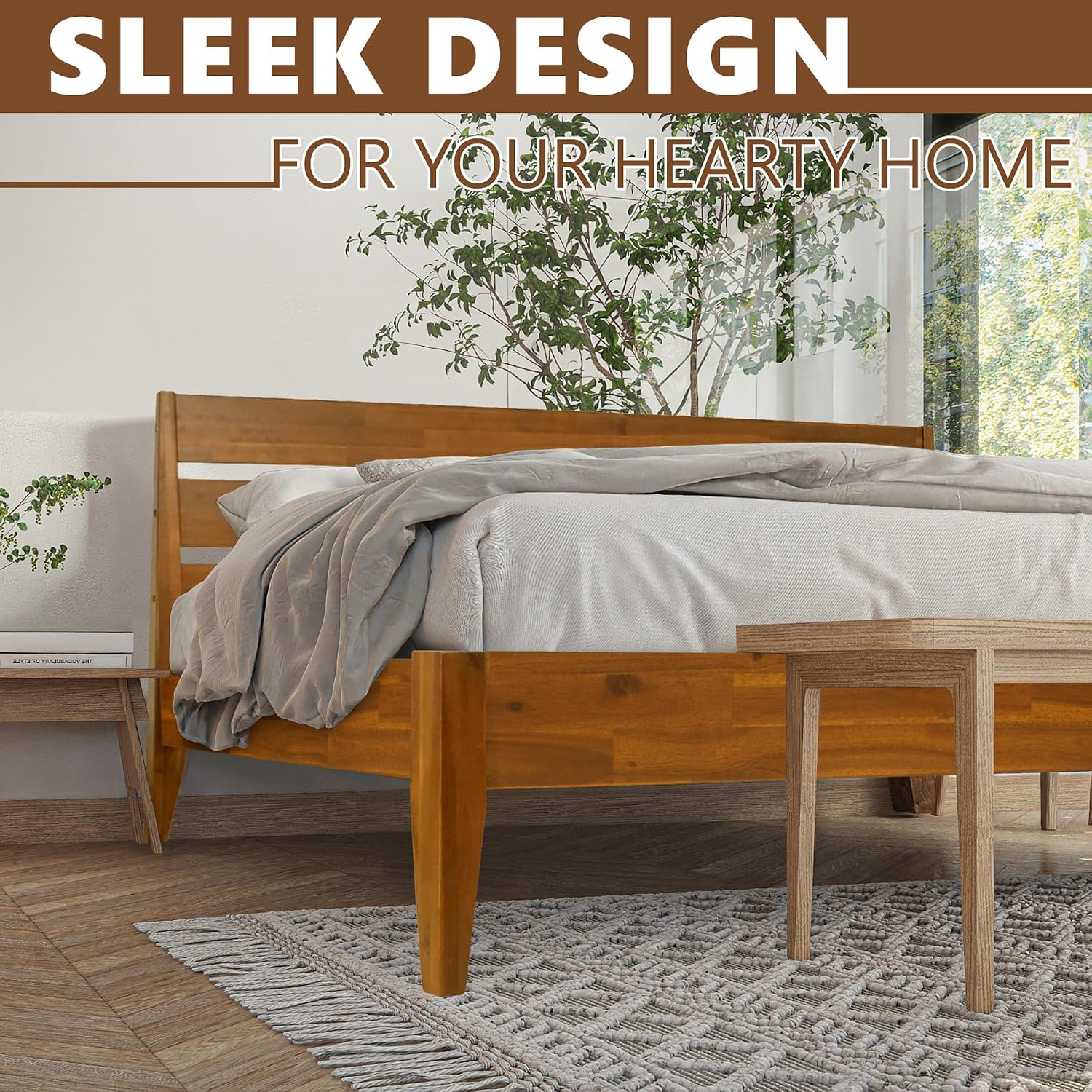 Acacia Emery Bed Frame with Headboard Solid Wood Platform Bed, King Size Bed Frame, Mid - Century Modern Wood Bed Compatible with All Mattresses, Easy Assembly, Non-Slip, Caramel.