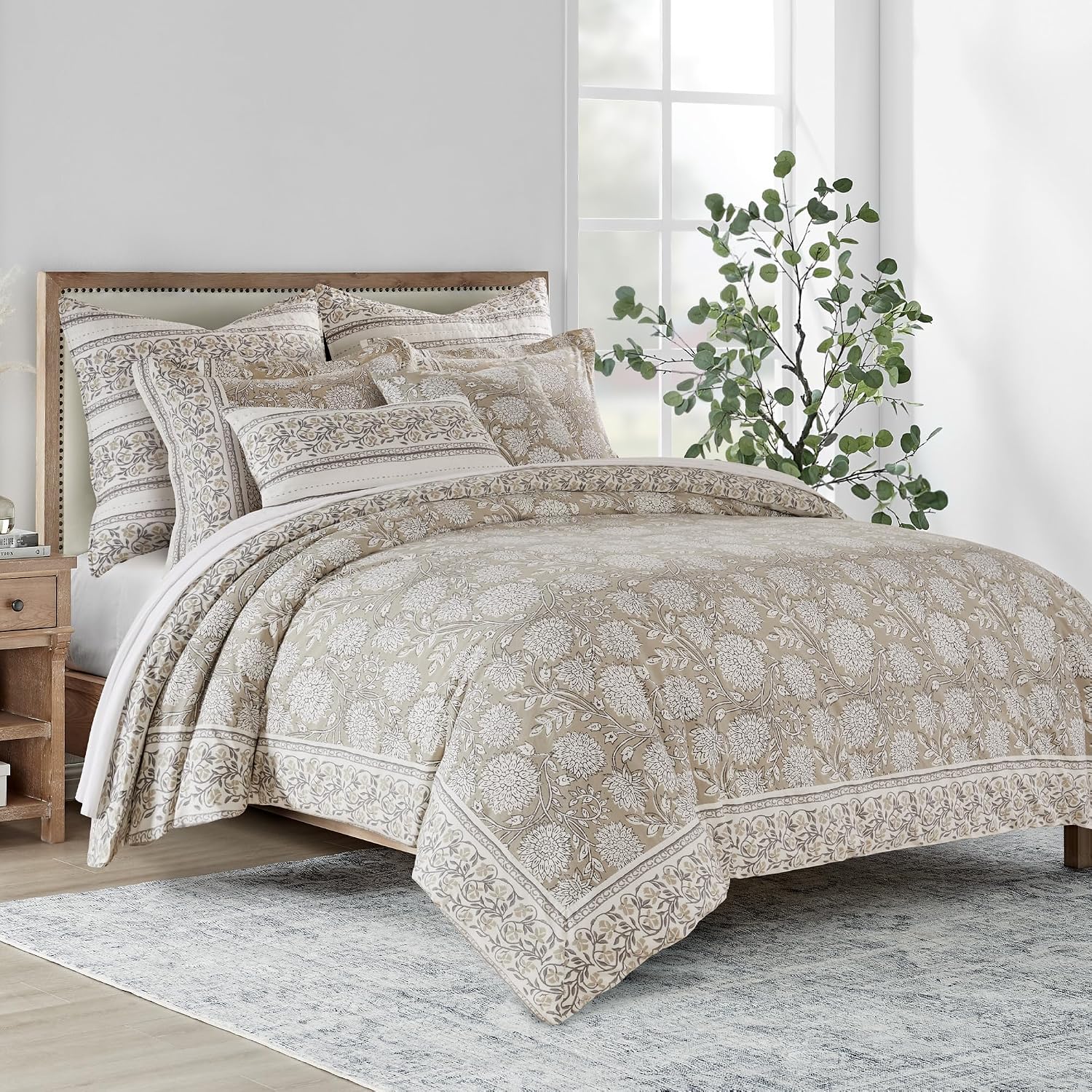 Levtex Home Adare Taupe Reversible Twin/Twin XL Comforter Set (68x88in) with 1 Pillowcase (26x20in) - Floral Bedding - Taupe and White - 100% Cotton Twin Size Comforter Set - Soft, Pre-Washed