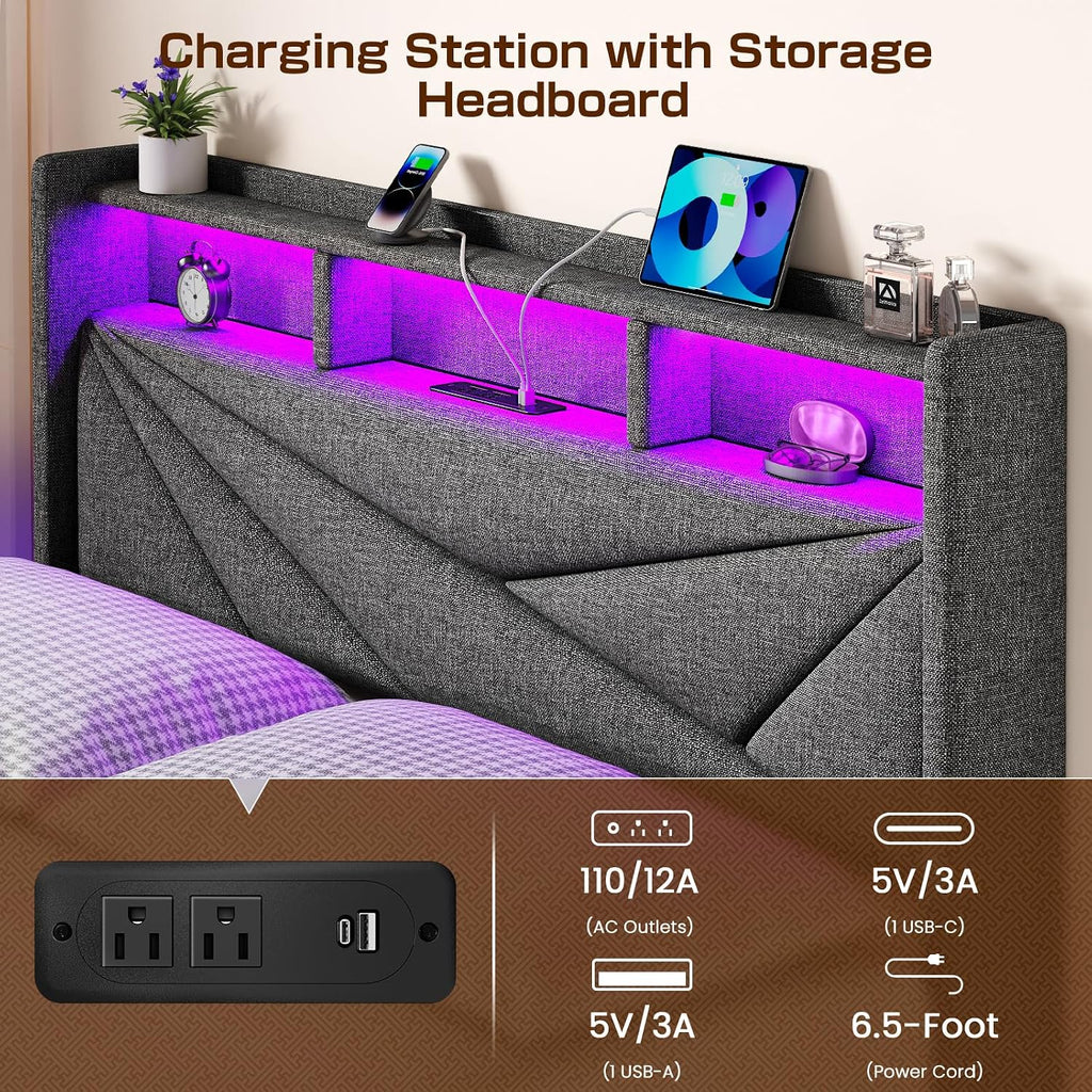 Driftalia Full Size Bed Frame with 4 Storage Drawers, Upholstered Full Bed Frame with LED Lights Headboard and Charging Station, No Box Spring Needed, Easy Assembly - Dark Grey