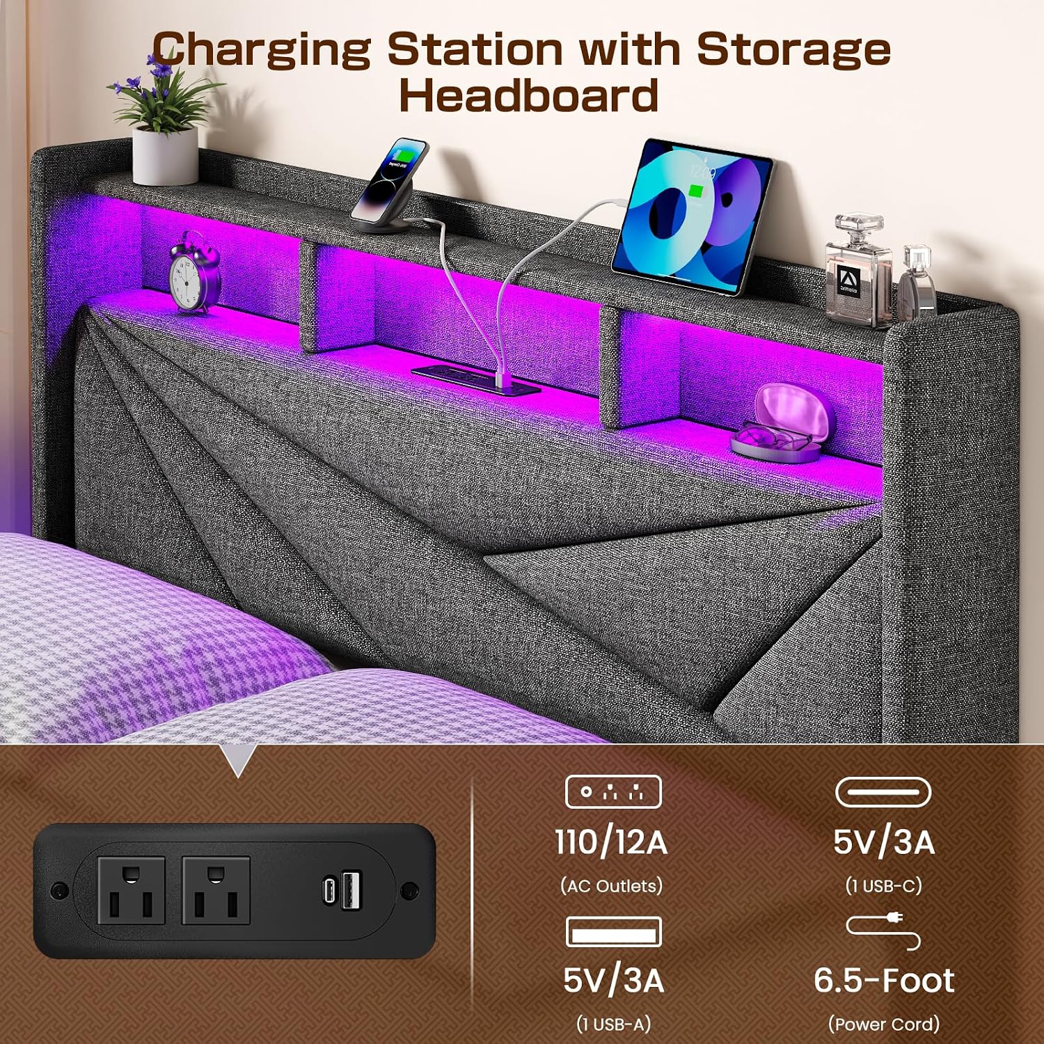 Driftalia Full Size Bed Frame with 4 Storage Drawers, Upholstered Full Bed Frame with LED Lights Headboard and Charging Station, No Box Spring Needed, Easy Assembly - Dark Grey