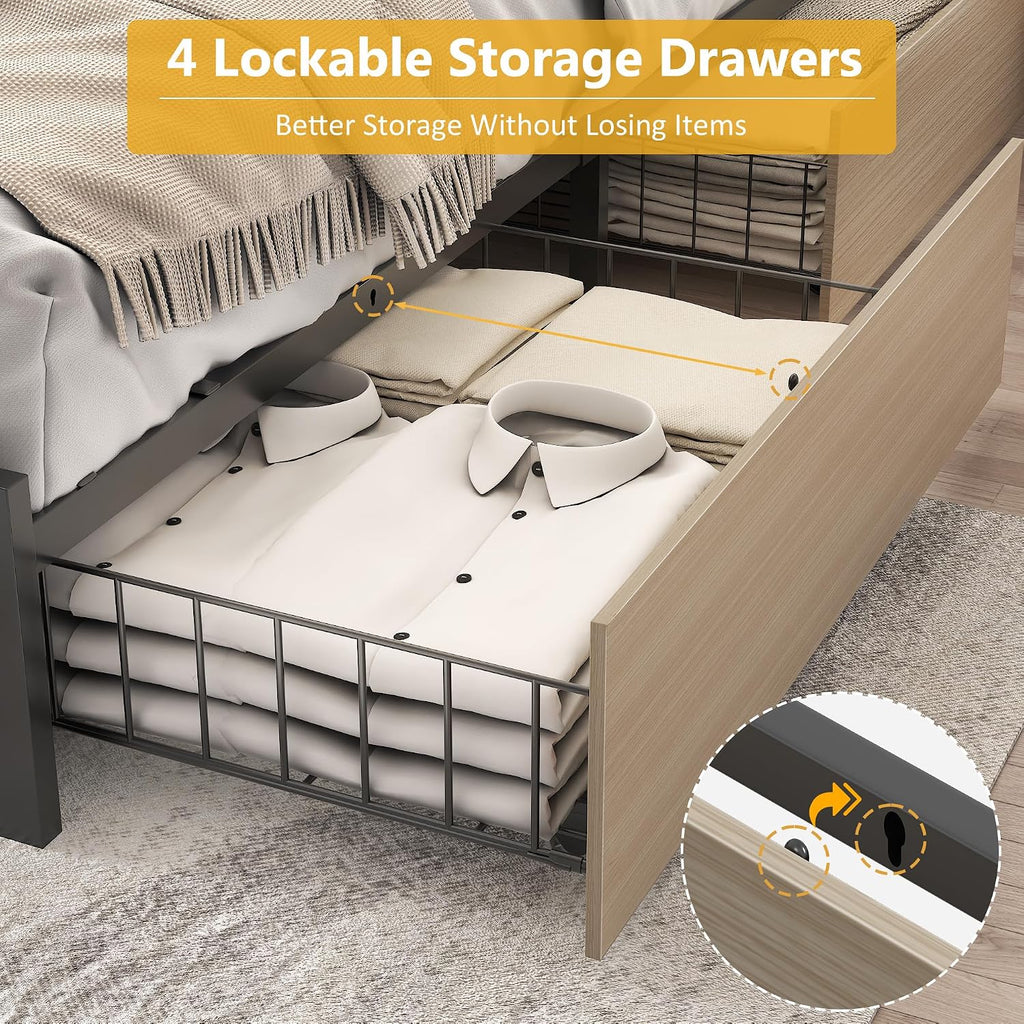 Lifezone Full Bed Frame with 2-Tier Storage Headboard, Metal Platform Bed Frame with 4 Storage Drawers, Built in Charging Station & LED, Noise-Free/Metal Support/No Box Spring Needed, Beige