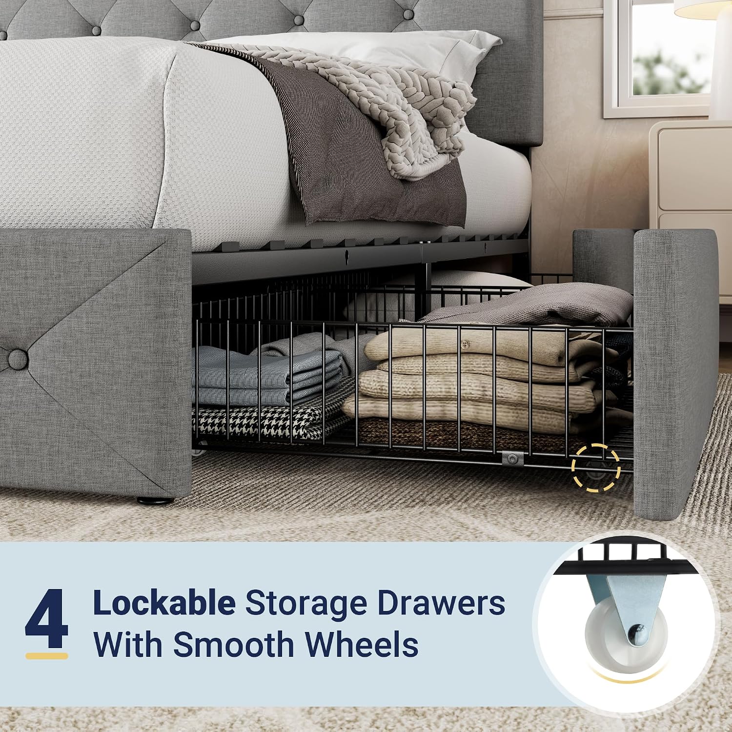 Allewie Upholstered King Size Platform Bed Frame with 4 Storage Drawers and Headboard, Diamond Stitched Button Tufted, Mattress Foundation with Wooden Slats Support, No Box Spring Needed, Light Grey