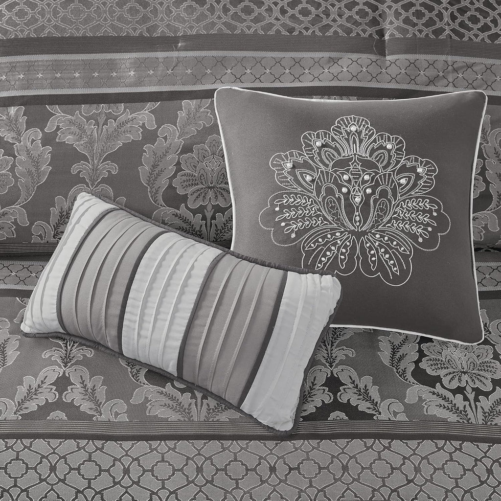 Madison Park Bellagio Cozy Comforter Set - Luxurious Jaquard Traditional Damask Design, All Season Down Alternative Bedding with Matching Shams, Decorative Pillow, King(104'x92') , Grey 7 Piece