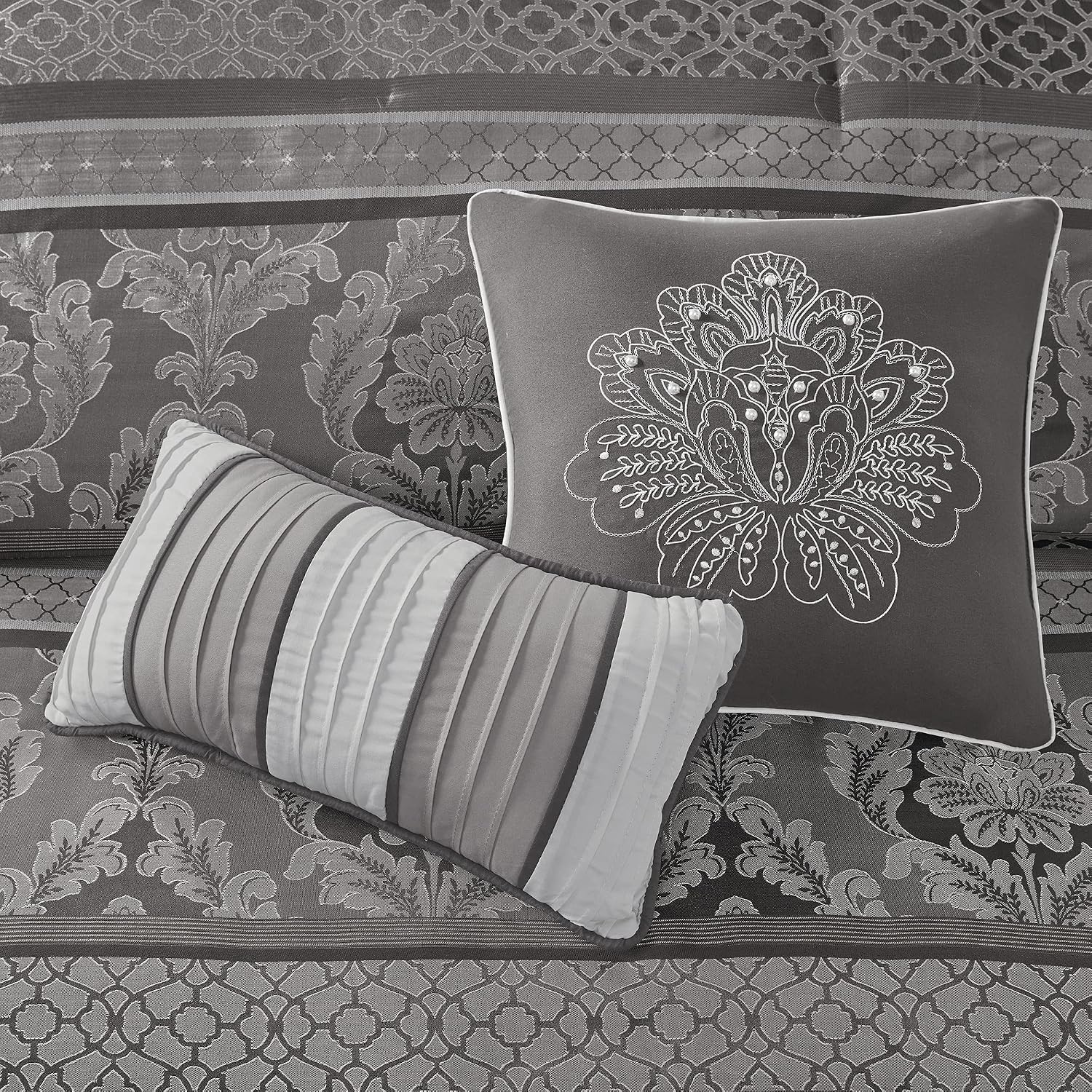 Madison Park Bellagio Cozy Comforter Set - Luxurious Jaquard Traditional Damask Design, All Season Down Alternative Bedding with Matching Shams, Decorative Pillow, King(104'x92') , Grey 7 Piece