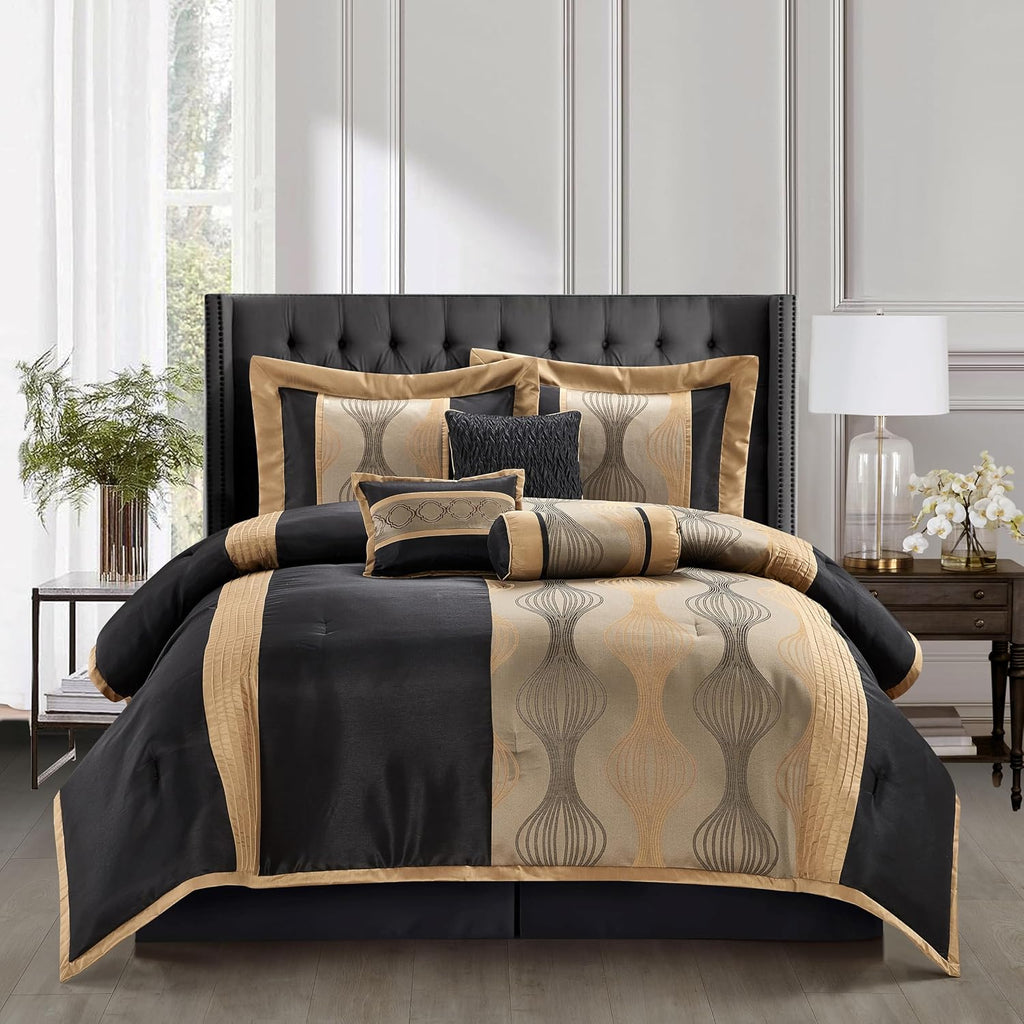 Stratford Park Black King Size Comforter Set, 7 Pieces Jacquard Bedding Sets with Comforter, Bed Skirt, Pillows & Shams, Lightweight Microfiber, Black and Gold, All Season Bedroom Home Décor