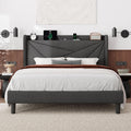 Feonase Full Size Bed Frame with Charging Station, Upholstered Linen Bedframe with Wingback Headboard, Solid Wood Slats Support, Noise Free, No Box Spring Needed, Charcoal Grey