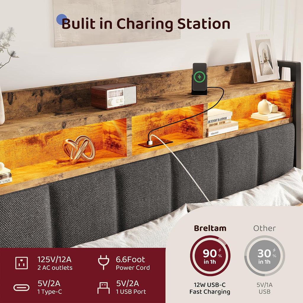BRELTAM Queen Bed Frame with Storage Drawers Upholstered Bed with 2-Tier Storage Headboard and LED Light&Charging Station,Metal Platform Bed Frame Queen Size,No Box Spring Needed,Vintage Brown