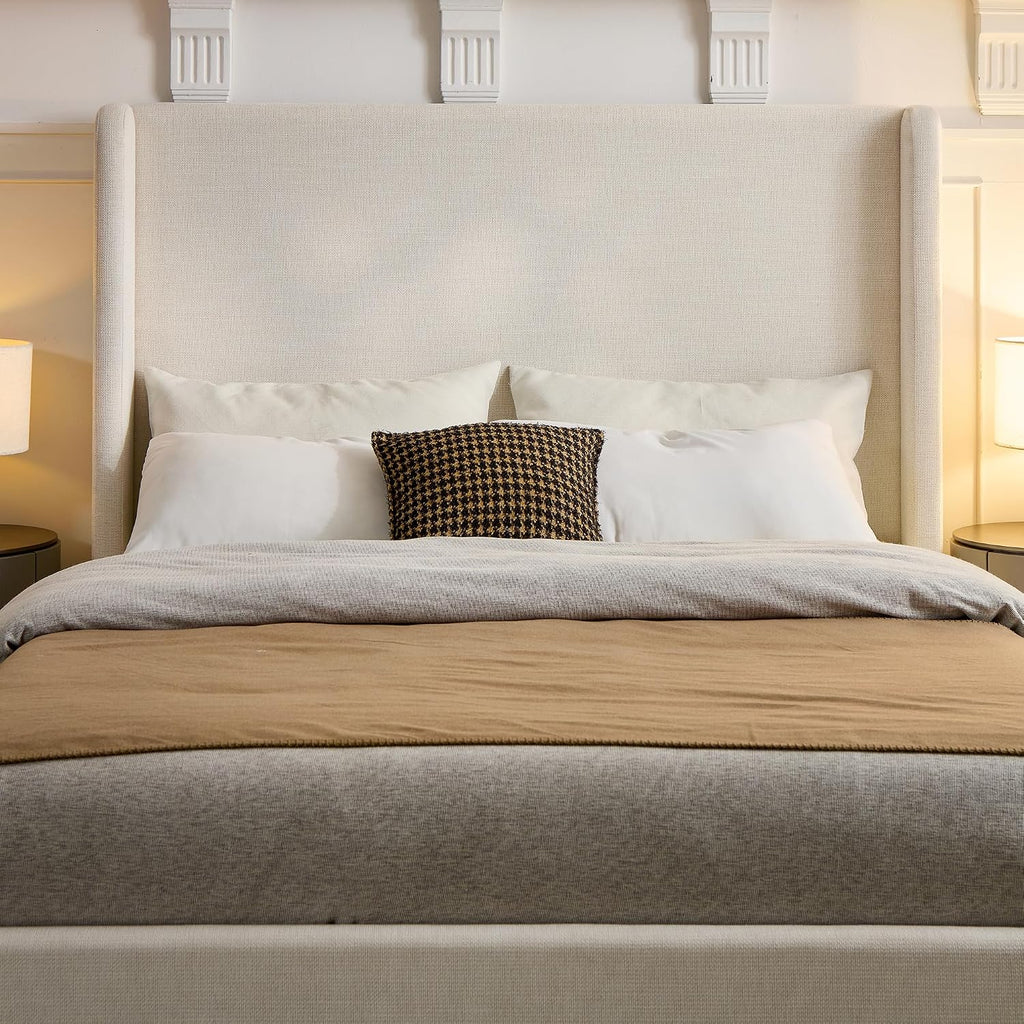 King Size Upholstered Platform Bed Frame, 52.3' High Headboard Carmen Wingback Beds, Tall Headboard King Floor Bed Frames, No Box Spring Needed No Noise, Minimalist, Textured Ivory