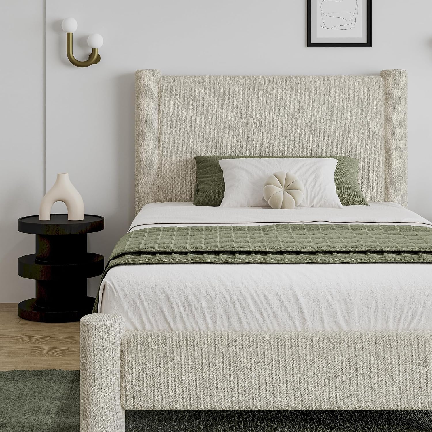 REVOMINCA Twin Size Bed Frame, Boucle Upholstered Platform Bed with Headboard and Footboard, Soft Rounded Corners, No Box Spring Required, Easy Assembly, Cream