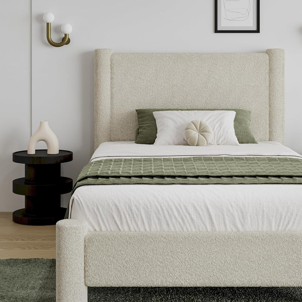 REVOMINCA Twin Size Bed Frame, Boucle Upholstered Platform Bed with Headboard and Footboard, Soft Rounded Corners, No Box Spring Required, Easy Assembly, Cream