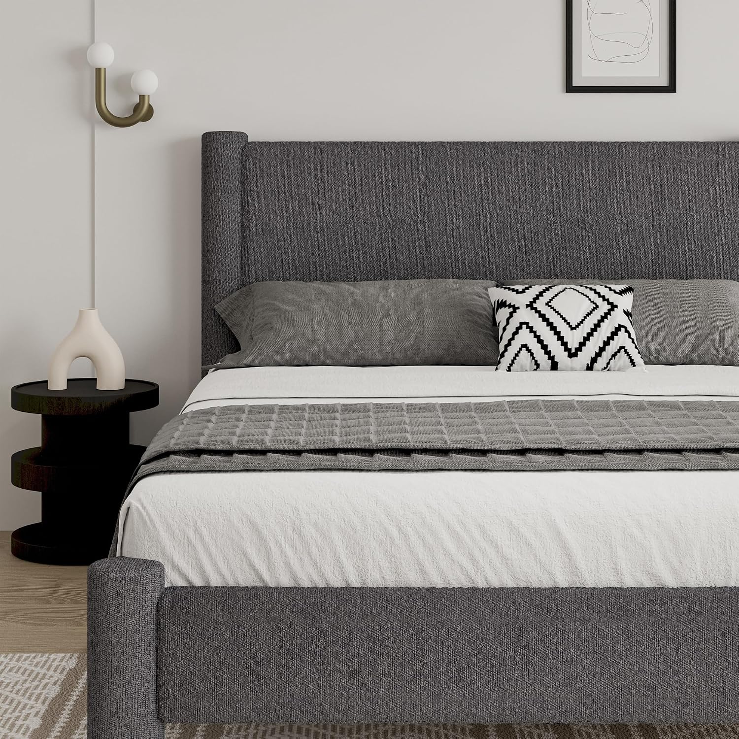 REVOMINCA King Size Bed Frame, Boucle Upholstered Platform Bed with Headboard and Footboard, Soft Rounded Corners, No Box Spring Required, Easy Assembly, Dark Grey