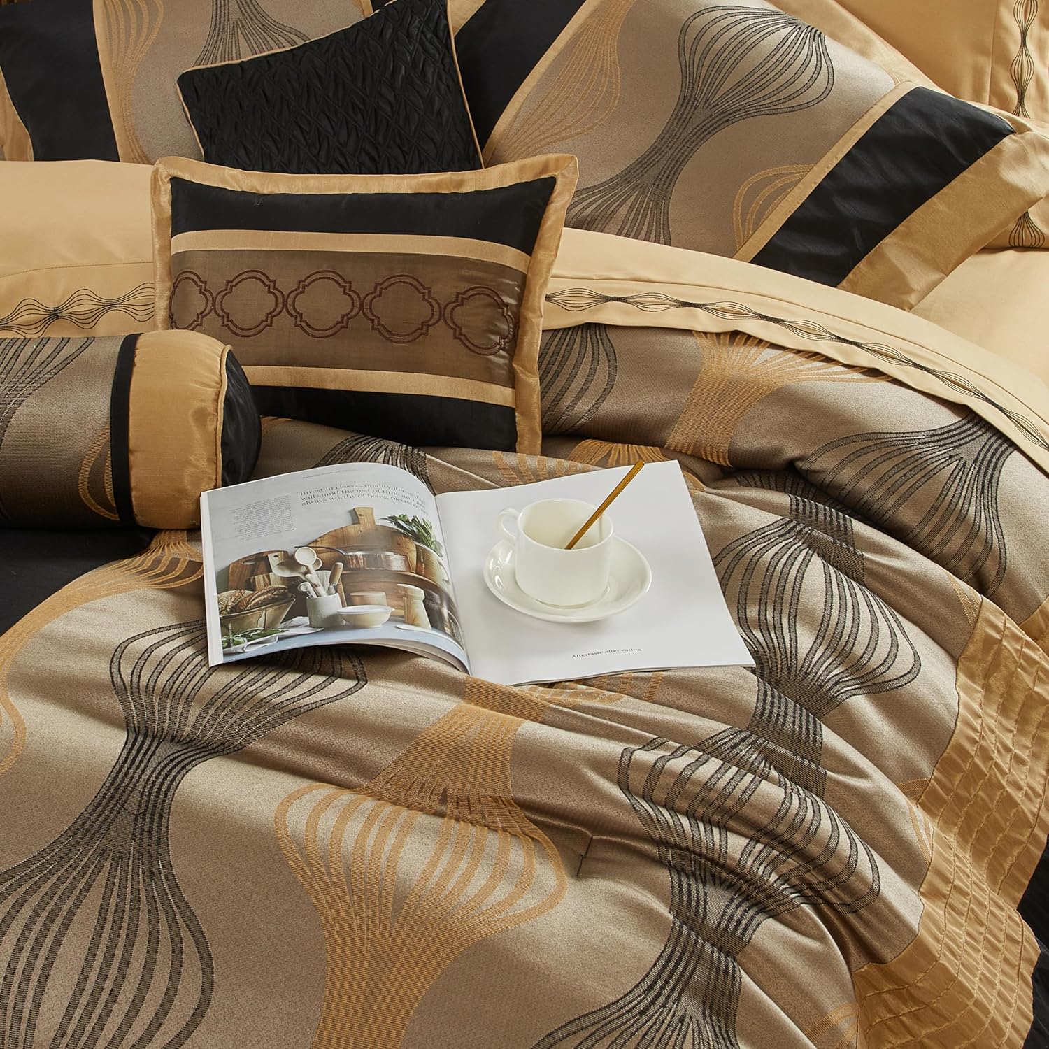 Grand Avenue Elegant Black and Gold Comforter Set, Striped, 7 Pieces Jacquard Bedding Sets with Comforter, Bed Skirt, Pillows & Shams, California King Size All Season, Lightweight Microfiber