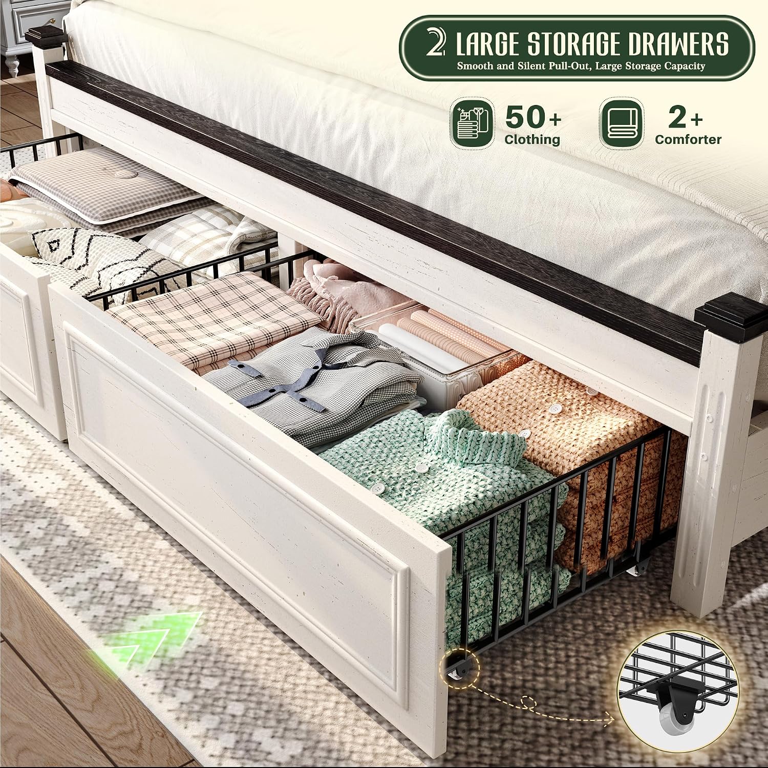 Homkdom Queen Bed Frame with Tall Headboard, Bed Frame Queen Size with 2 StorageDrawers, Farmhouse, Wooden, No Noise, No Box Spring Needed, White