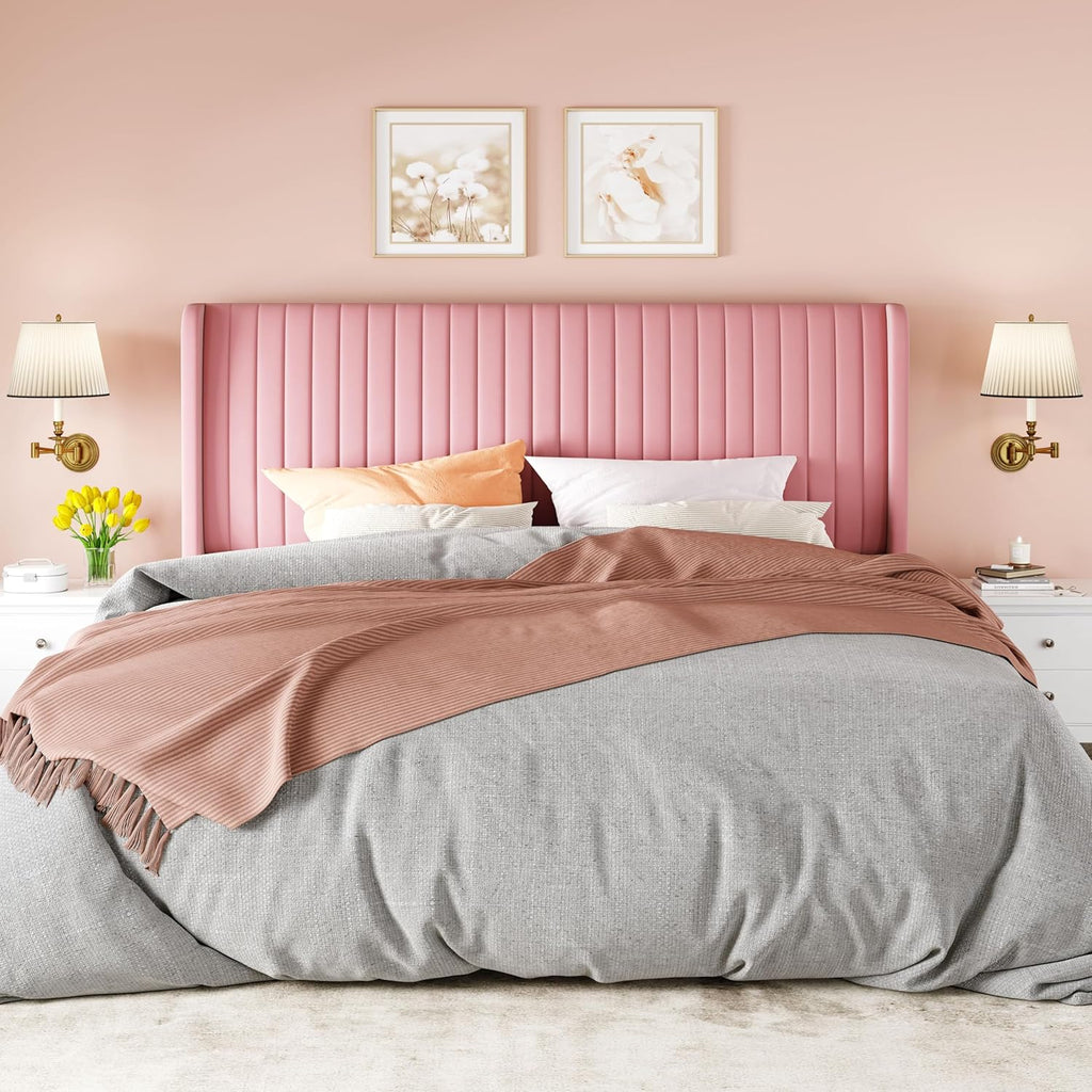 Allewie King Size Velvet Bed Frame/Vertical Channel Tufted Wingback Headboard/Upholstered Platform Bed/Strong Wooden Slats/No Box Spring Needed/Easy Assembly/Pink