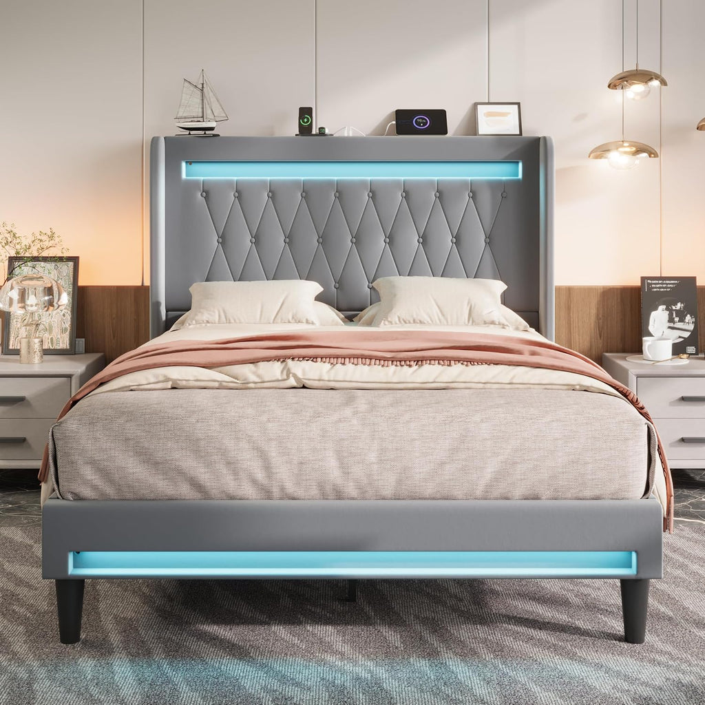 Allewie Upholstered Queen Size Platform Bed Frame with LED Light and Charging Station, Button Tufted High Headboard, Wingback Design, Noise Free, Easy Assembly, No Box Spring Needed, Grey
