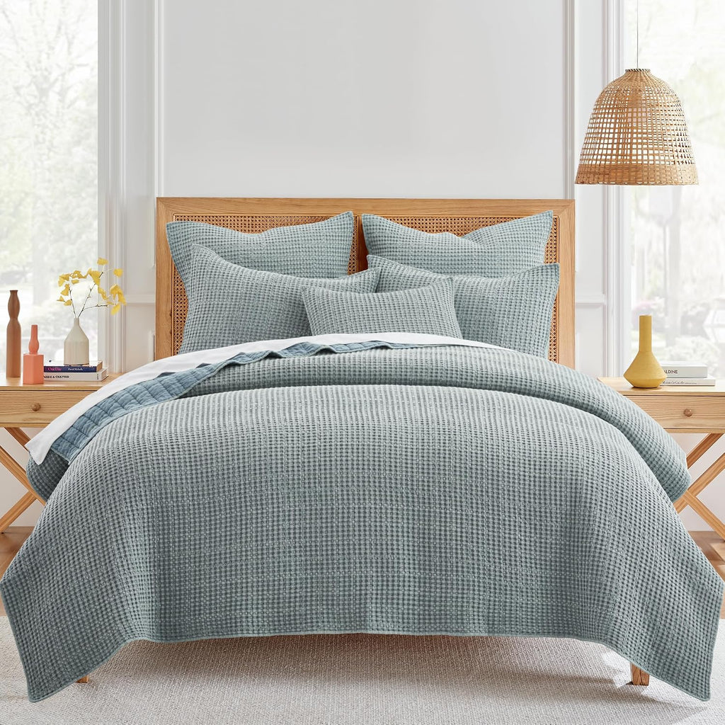 Levtex Home Mills Waffle King/Cal King Quilt Set (106x92in) with 2 Pillow Shams (36x20in) - Chambray - Cotton Waffle King Size Quilt Bedding Set - Lightweight, Soft, Pre-Washed
