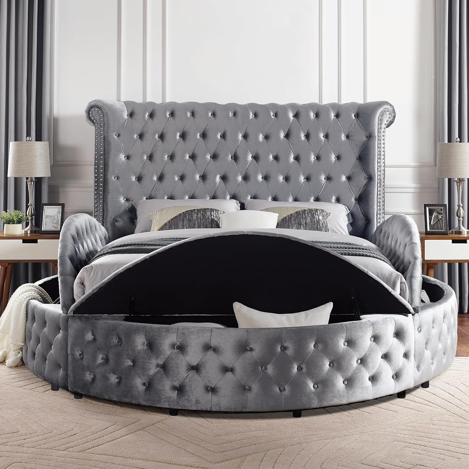 Furniture of America Rhodo Fabric Upholstered 3-Piece Bedroom Set, King Size Platform Bed and 2-Drawer Nightstands with USB Port, Button Tufted Headboard, No Box Spring Required, Gray