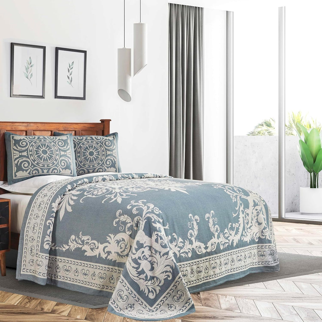 Superior Cotton Blend 2-Piece Bedspread Set, Oversized Bedspread, 1 Matching Pillow Sham, Jacquard Traditional Medallion Bedding Decor, Adalie Collection, Twin, Cerulean Blue (Pack of 2)