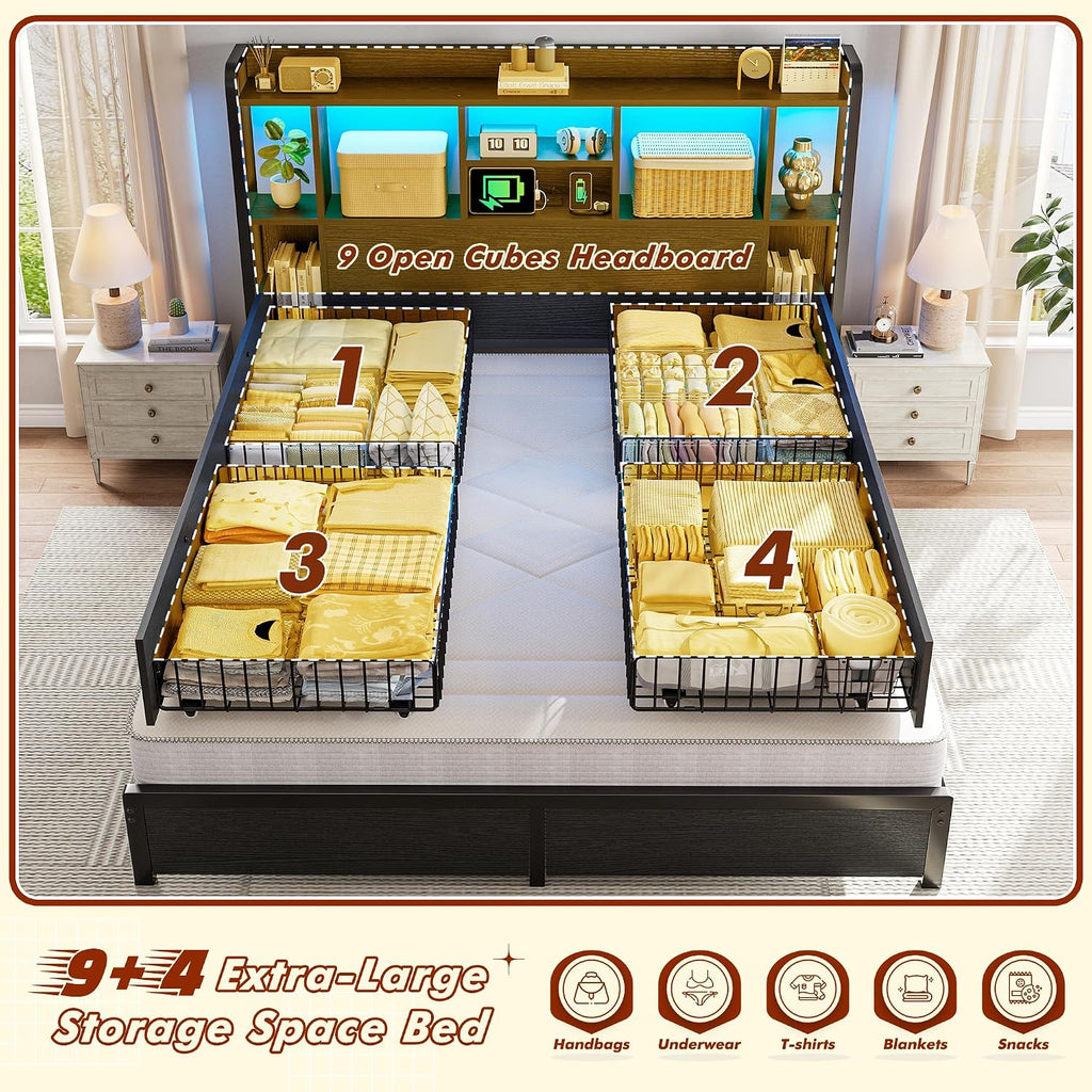 Homkdom Full Size Bed Frame with Storage Headboard & 4 Large Drawers Bed Frame Full Size with 51' Tall Headboard 9 Compartments Led Lights & Charging Station,No Box Spring Needed, No Noise,Black