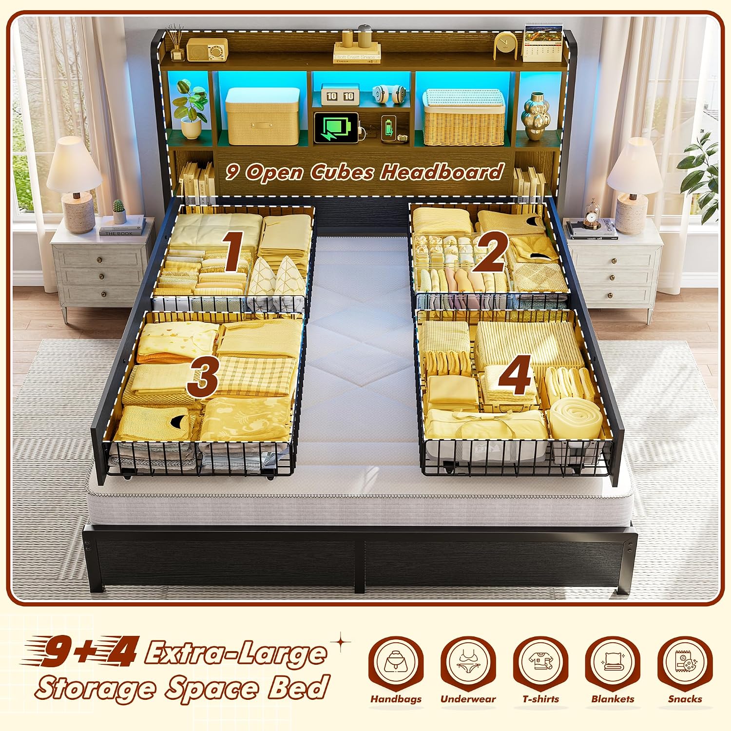 Homkdom Full Size Bed Frame with Storage Headboard & 4 Large Drawers Bed Frame Full Size with 51' Tall Headboard 9 Compartments Led Lights & Charging Station,No Box Spring Needed, No Noise,Black
