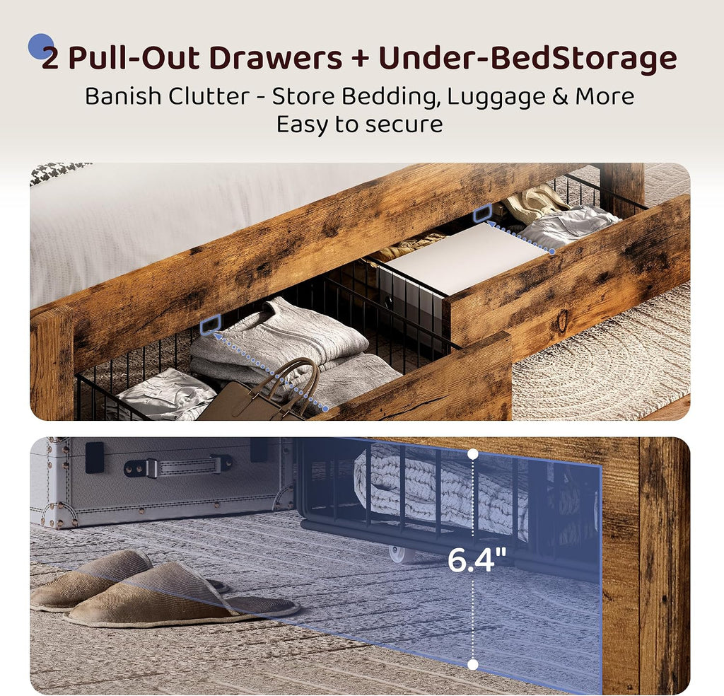 BRELTAM Queen Bed Frame with Storage Drawers Upholstered Bed with 2-Tier Storage Headboard and LED Light&Charging Station,Metal Platform Bed Frame Queen Size,No Box Spring Needed,Vintage Brown
