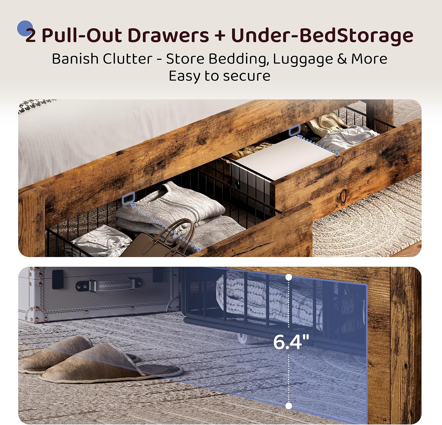 BRELTAM Queen Bed Frame with Storage Drawers Upholstered Bed with 2-Tier Storage Headboard and LED Light&Charging Station,Metal Platform Bed Frame Queen Size,No Box Spring Needed,Vintage Brown