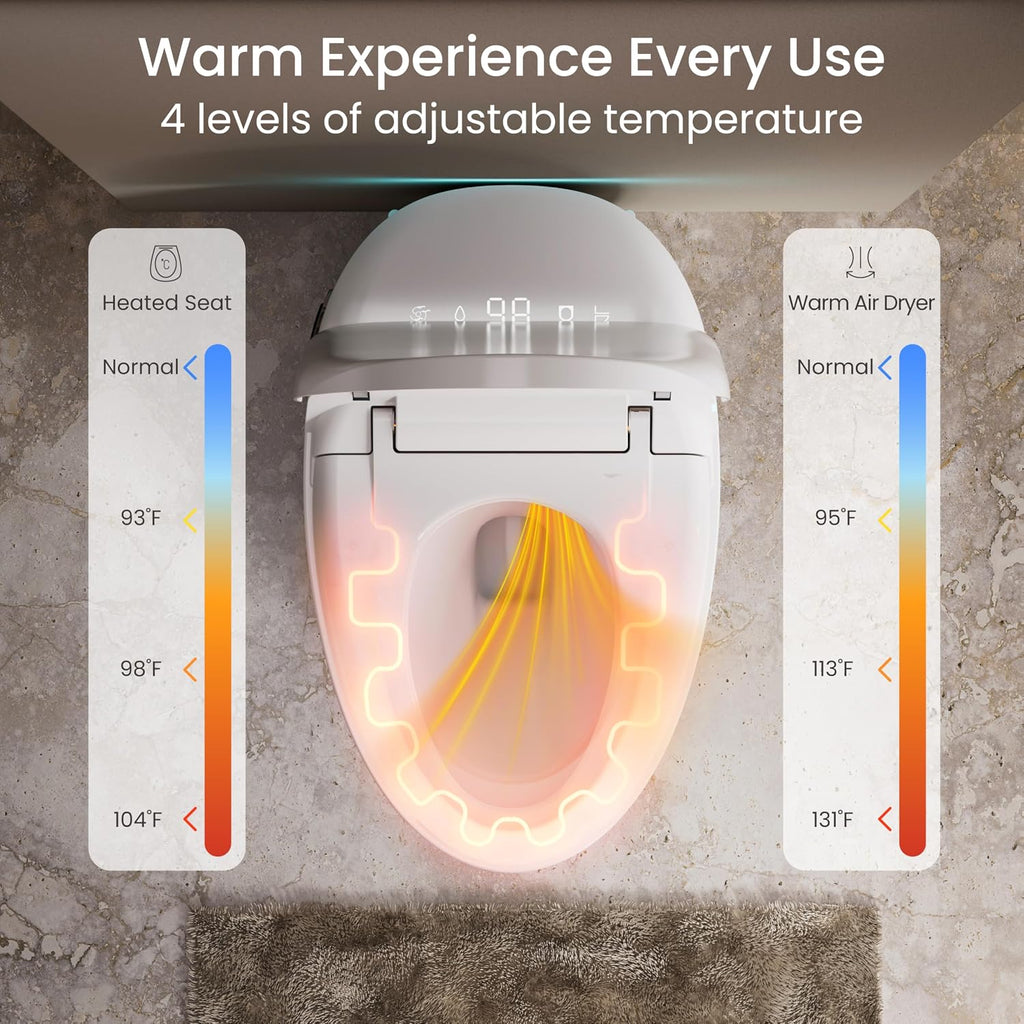 Smart Toilet with Bidet Built in, Tankless Elongated Smart Toilet, Auto Flush, Warm Water and Dryer, Soft Close Heated Seat, Digital Display, 12'' Rough-in