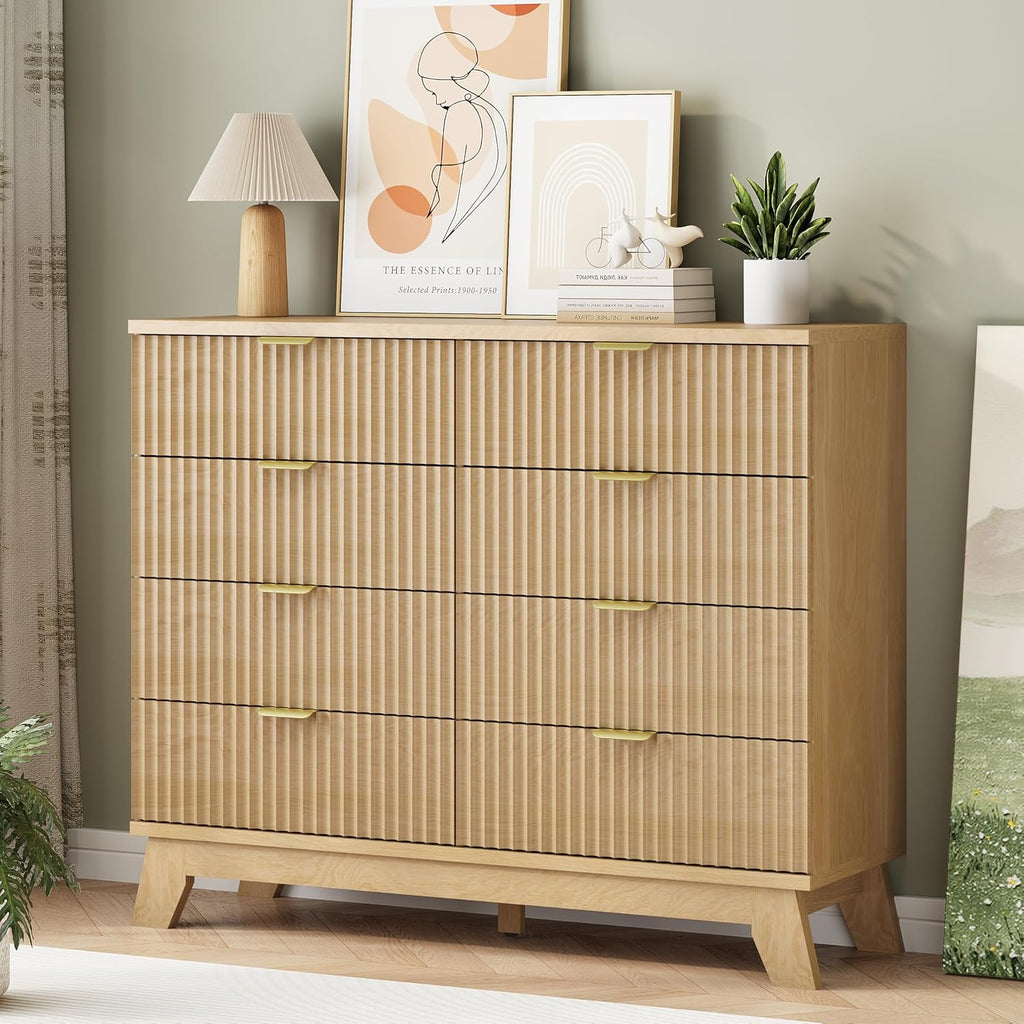 Fluted Dresser for Bedroom with 8 Drawers, 48' Wide Modern Chest of Drawers with Metal Handle, Wooden Dresser TV Stand, Wood Closet Clothes Storage Organizer for Living Room, Hallway, Natural Oak
