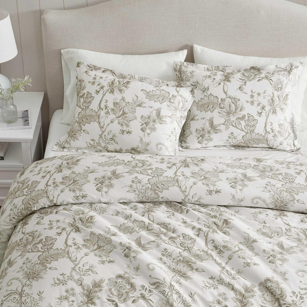 Martha Stewart - Twin Comforter Set, Smooth Sateen Front with Subtle Sheen & Lightweight Cotton Percale Reverse, 2 Piece Bed Set with Matching Pillowcase (Avery Floral Grey)