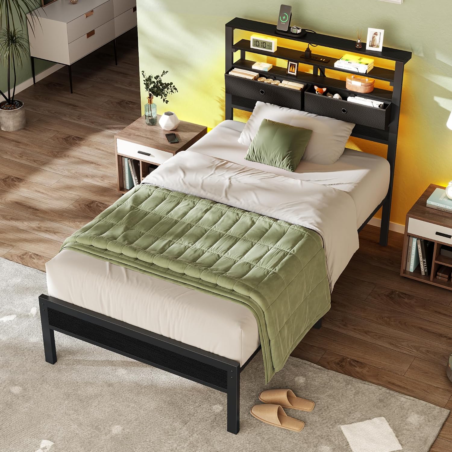 Furnulem Twin Bed Frames with Charging Station and LED Lights, Wood Headboard with 2 Fabric Drawers and Storage Shelves, Twin Size Platform Bed with Metal Slats, No Box Spring Needed, Black Oak