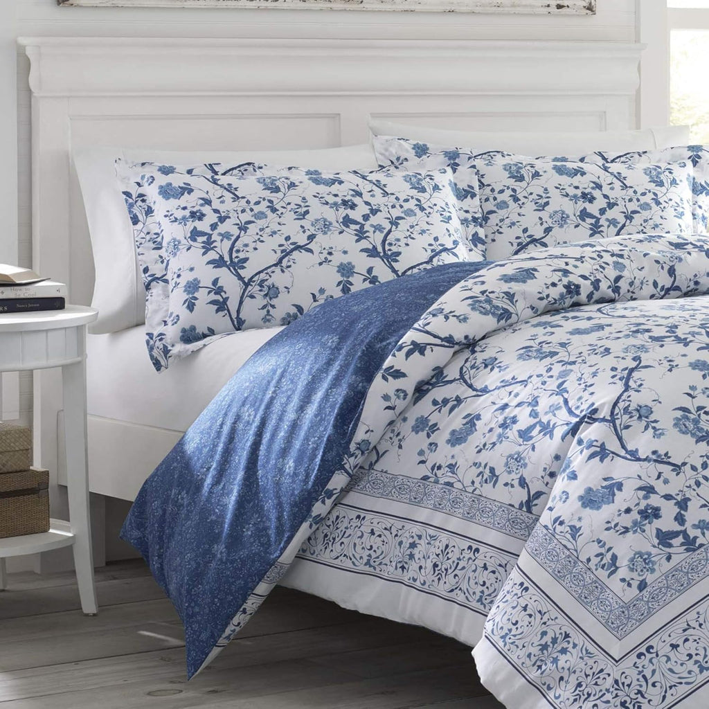 Laura Ashley - Queen Comforter Set, Soft & Reversible Cotton Bed Set, 4 Piece Floral Bedding with Matching Pillowcases & Bonus Bed Skirt (Charlotte Blue)
