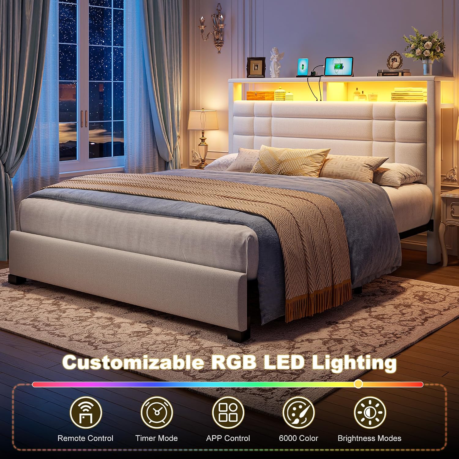 EnHomee Queen Bed Frame with Headboard Upholstered Platform Bed Frame Queen with LED Lights & Charge Station,Wood Slats Support,No Box Spring Needed,Beige