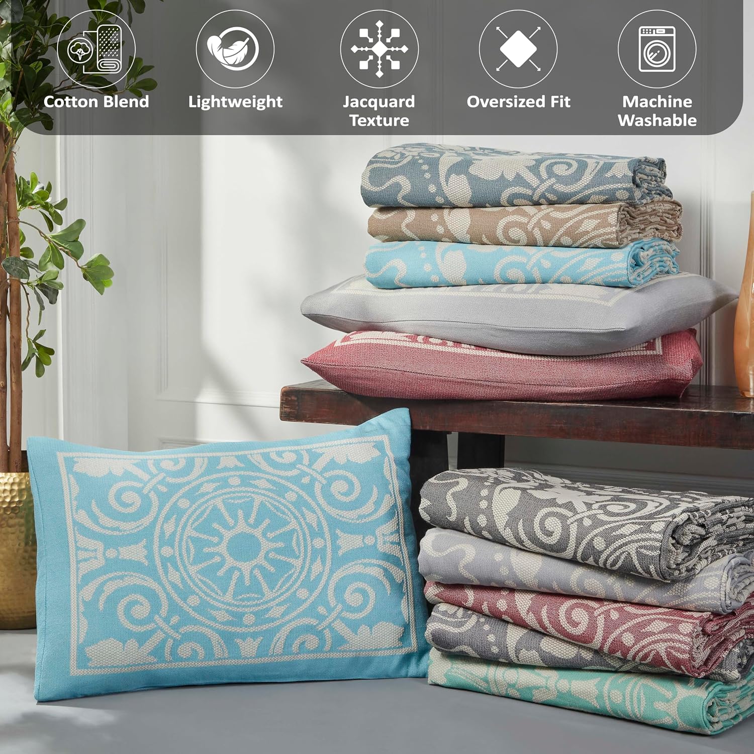 Superior Cotton Blend 2-Piece Bedspread Set, Oversized Bedspread, 1 Matching Pillow Sham, Jacquard Traditional Medallion Bedding Decor, Adalie Collection, Twin, Cerulean Blue (Pack of 2)