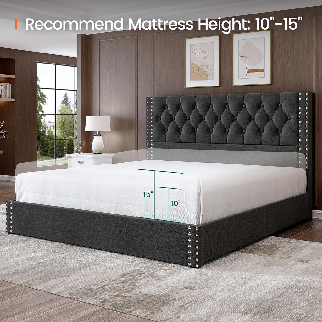 LARMACE King Size Bed Frame with 4 Storage Drawers and Tufted Headboard Linen Upholstered Platform Bed Frame with Heavy Duty Wood Slats, No Box Spring Needed, Easy Assembly, Grey