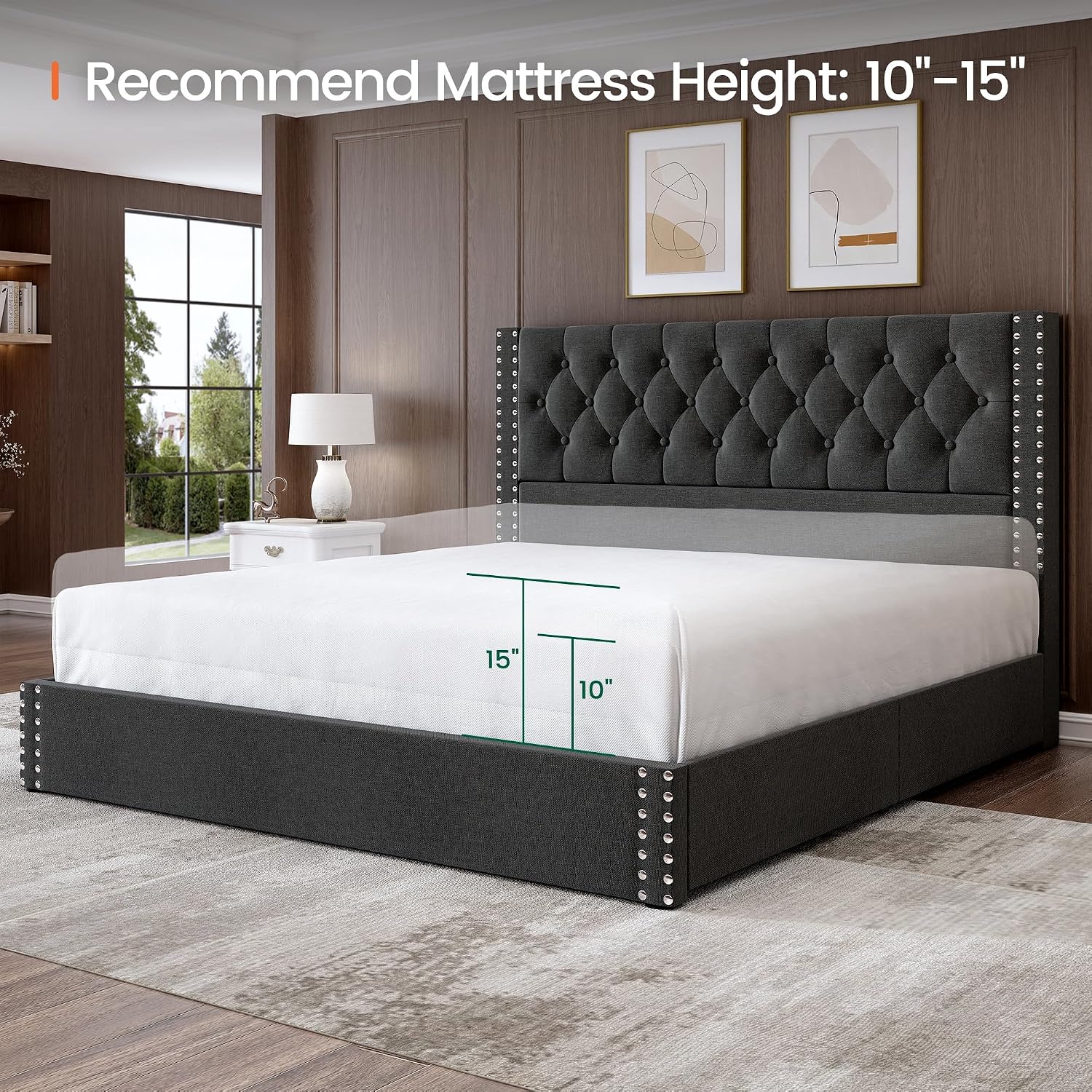 LARMACE King Size Bed Frame with 4 Storage Drawers and Tufted Headboard Linen Upholstered Platform Bed Frame with Heavy Duty Wood Slats, No Box Spring Needed, Easy Assembly, Grey