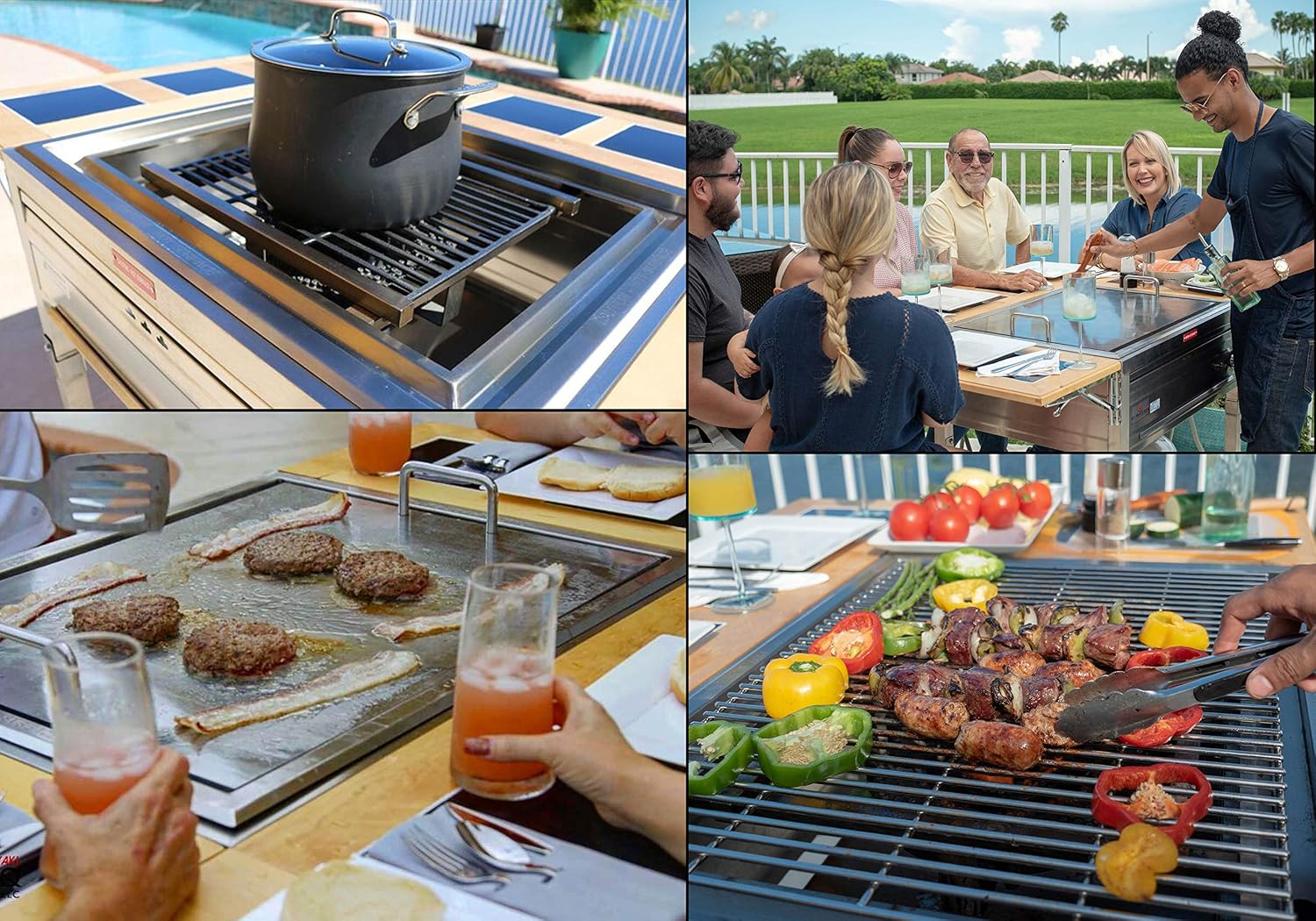 3-in-1 Sit Around Grill with Flat Top Teppanyaki Griddle, BBQ Rack and Cast Iron Grill - Propane Gas and Stainless Steel - Perfect for Outdoor Cooking and Portable for Tailgating, HBC1B