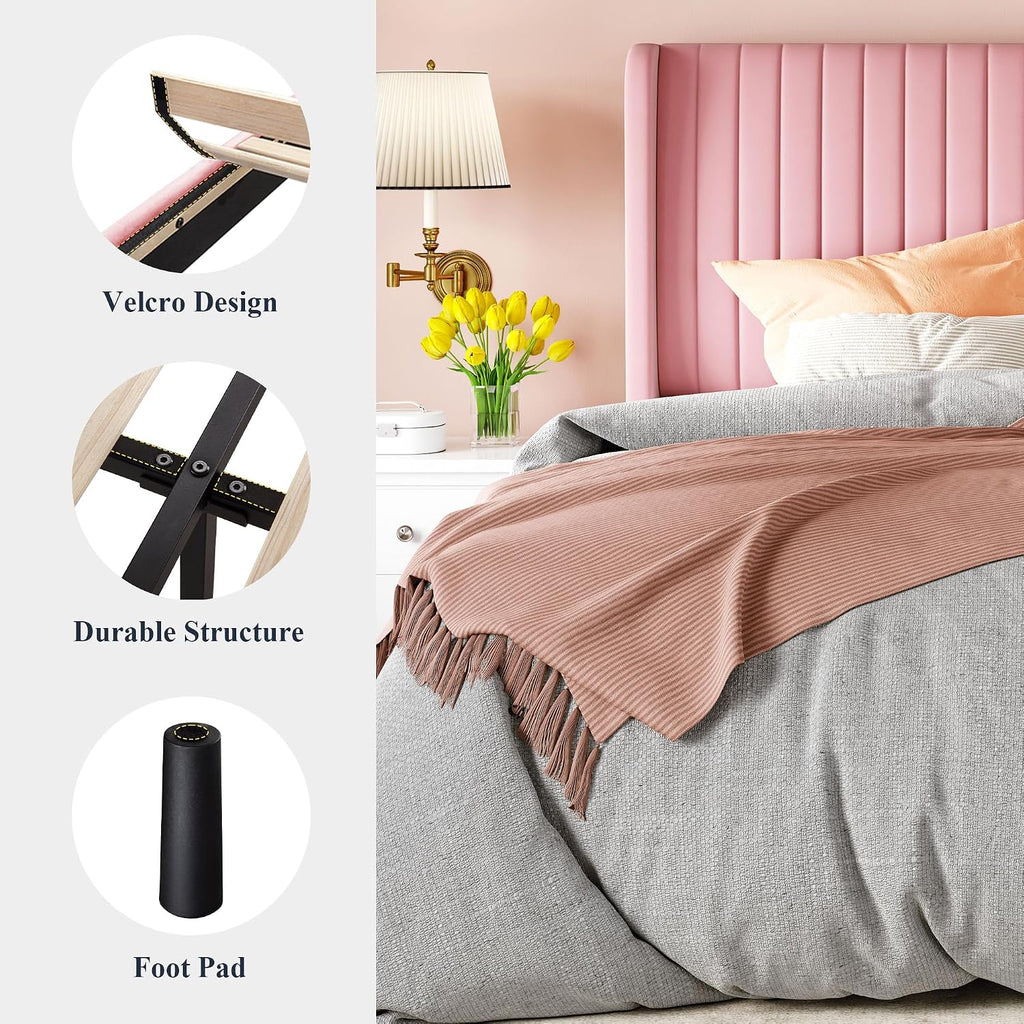 Allewie Full Size Velvet Bed Frame/Vertical Channel Tufted Wingback Headboard/Upholstered Platform Bed/Strong Wooden Slats/No Box Spring Needed/Easy Assembly/Pink
