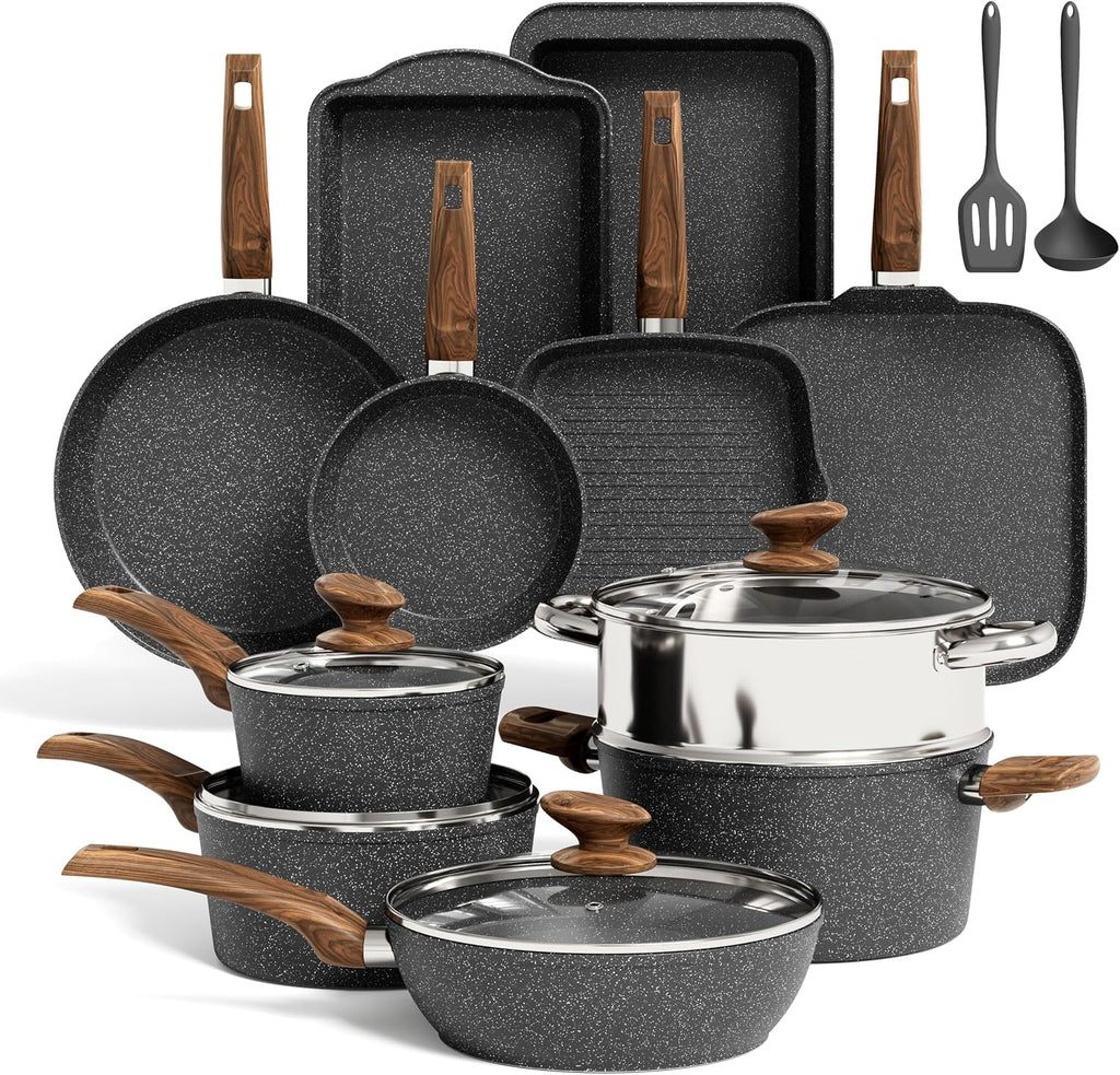 Kitchen Academy 17Pcs Induction Cookware Sets, Granite Pots and Pans Set Non Stick, Black Kitchen Cooking Pans, PFOA & PFOS Free